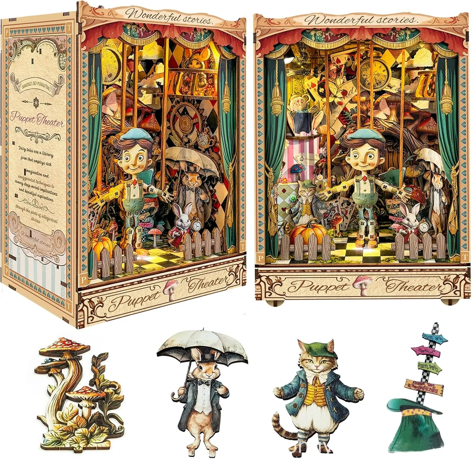 CUTEROOM Book Nook Kit for Adults, 3D Wooden Puzzle DIY Miniature Dollhouse Booknook Kit, Tiny House Building Kit with LED Light for Bookshelf Insert Decor- Puppet Theater