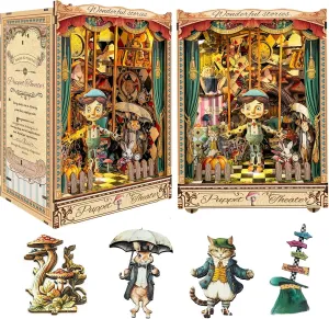 CUTEROOM Book Nook Kit for Adults, 3D Wooden Puzzle DIY Miniature Dollhouse Booknook Kit, Tiny House Building Kit with LED Light for Bookshelf Insert Decor- Puppet Theater