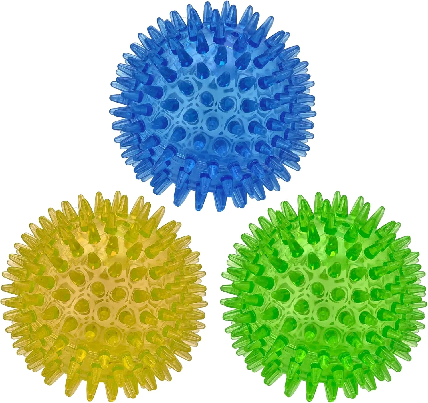 Cutie's PetBox Squeaky Rubber Spike Toy Ball for Small Dogs, 3-Colors Blue Green Yellow (2.5 Inch, Multi-Pack)