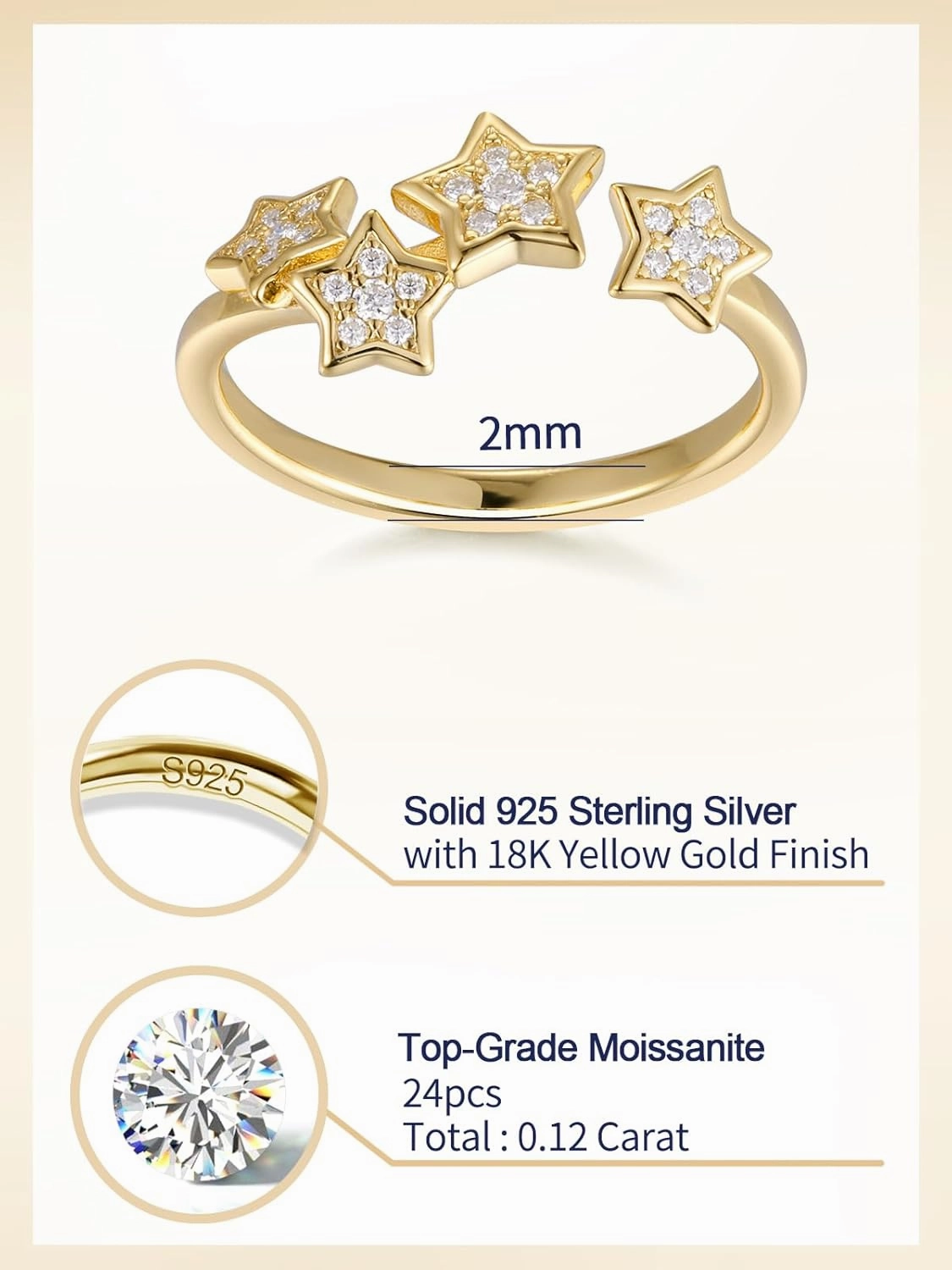 CYW Moissanite Flowers/Stars Pretty Open Rings for Women, Adjustable Ring, Solid 925 Sterling Silver with Gold Plated, Stackable Ring, Birthday Valentines Anniversary Mothers Day Ideal Gift for Her