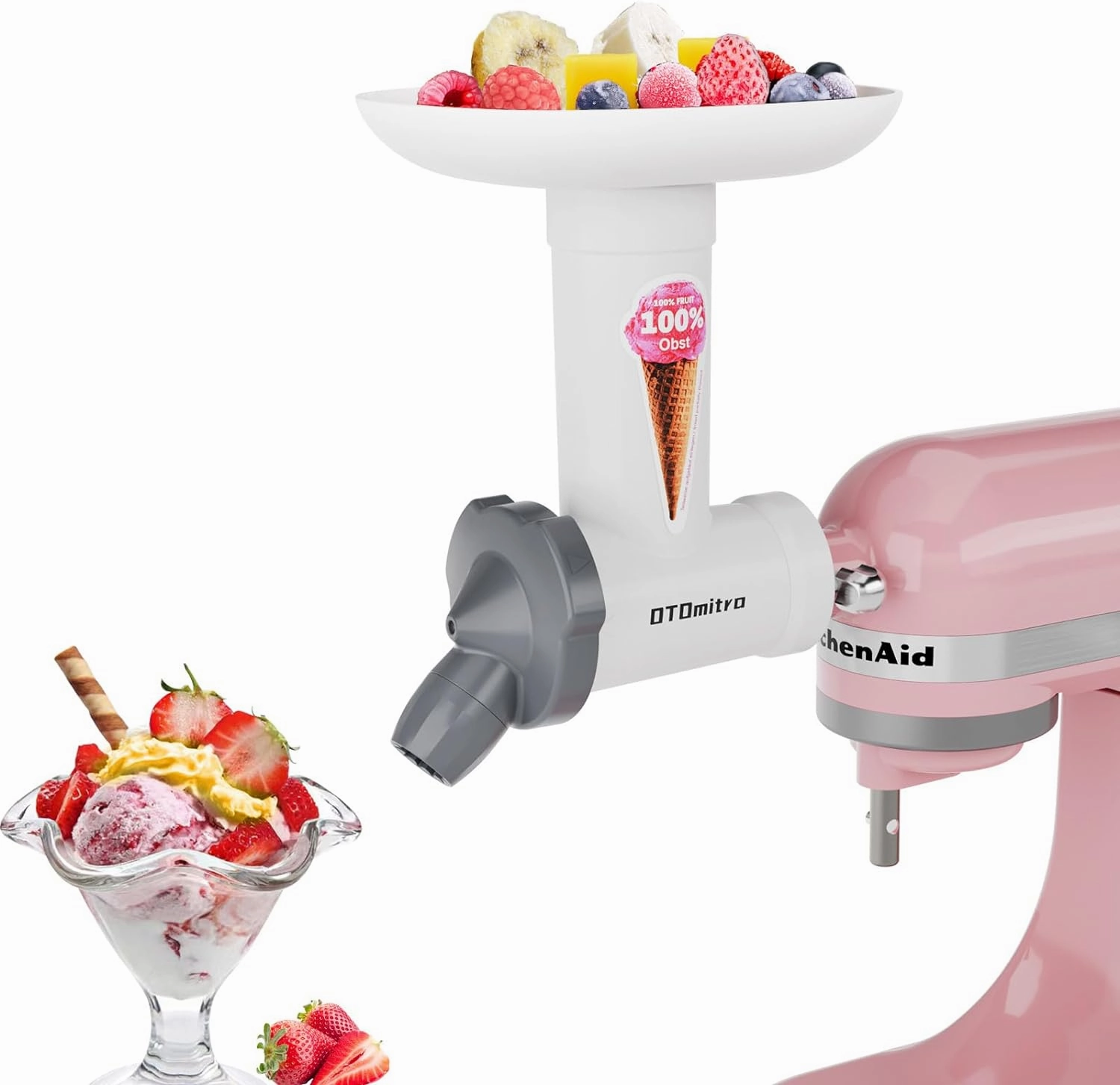 Dairy-Free Ice Cream Maker Attachment for KitchenAid Stand Mixer, Natural Fruit Desserts Maker, Frozen Yogurt Maker, Dishwasher-Safe Sorbet Maker, Frozen Fruit Soft Serve Maker by OTOmitra