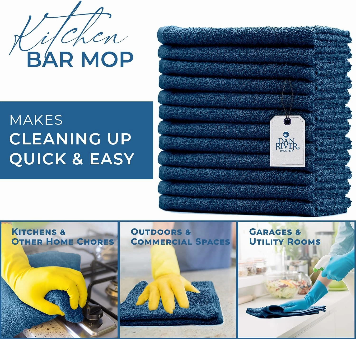 DAN RIVER 100% Cotton Bar Mop Kitchen Towels, 16x19 inches, Pack of 12, 350 GSM, Blue Opal – Highly Absorbent Dish Towels, Quick-Dry, Reusable Mops for Kitchen, Home, Restaurants and Offices