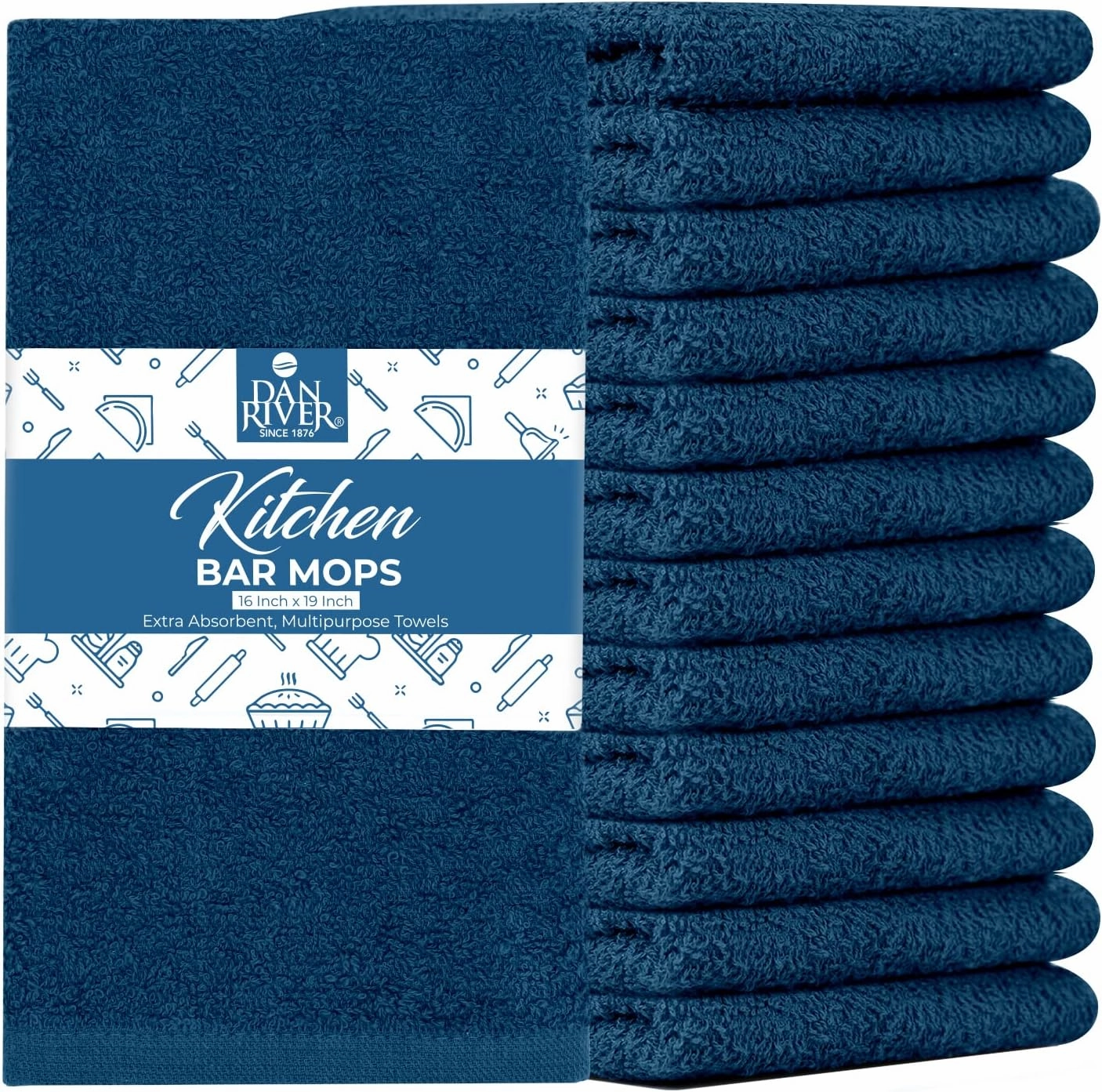 DAN RIVER 100% Cotton Bar Mop Kitchen Towels, 16x19 inches, Pack of 12, 350 GSM, Blue Opal – Highly Absorbent Dish Towels, Quick-Dry, Reusable Mops for Kitchen, Home, Restaurants and Offices