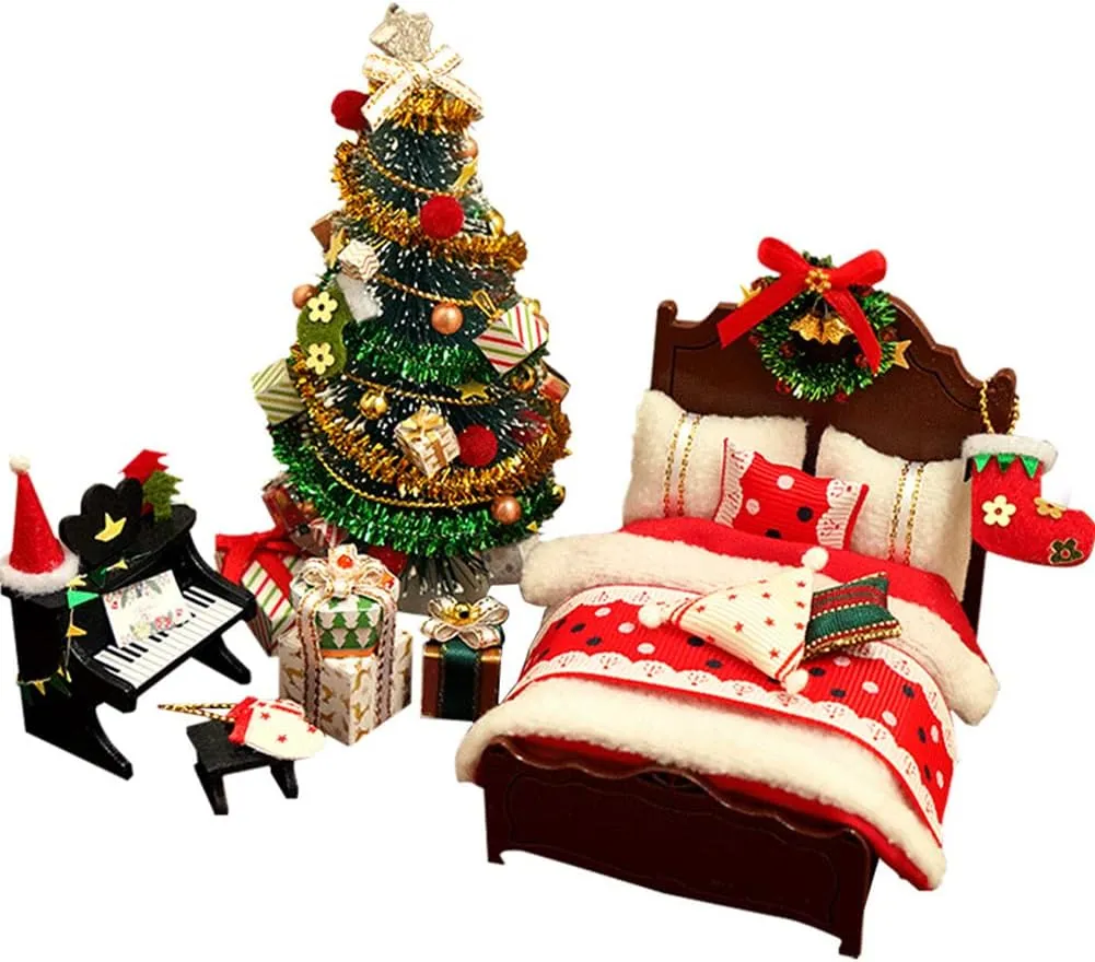Danish Mini Wooden Gnome Accessories, Christmas Decoration, 1/12 Miniature Dollhouse Accessories, DIY Christmas Furniture, Bed, Christmas Tree, Piano Miniature Christmas Set, Christmas Decoration