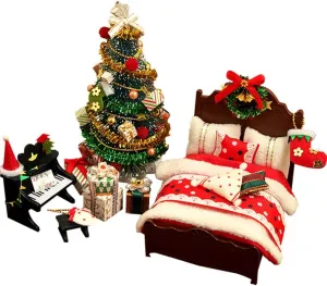 Danish Mini Wooden Gnome Accessories, Christmas Decoration, 1/12 Miniature Dollhouse Accessories, DIY Christmas Furniture, Bed, Christmas Tree, Piano Miniature Christmas Set, Christmas Decoration