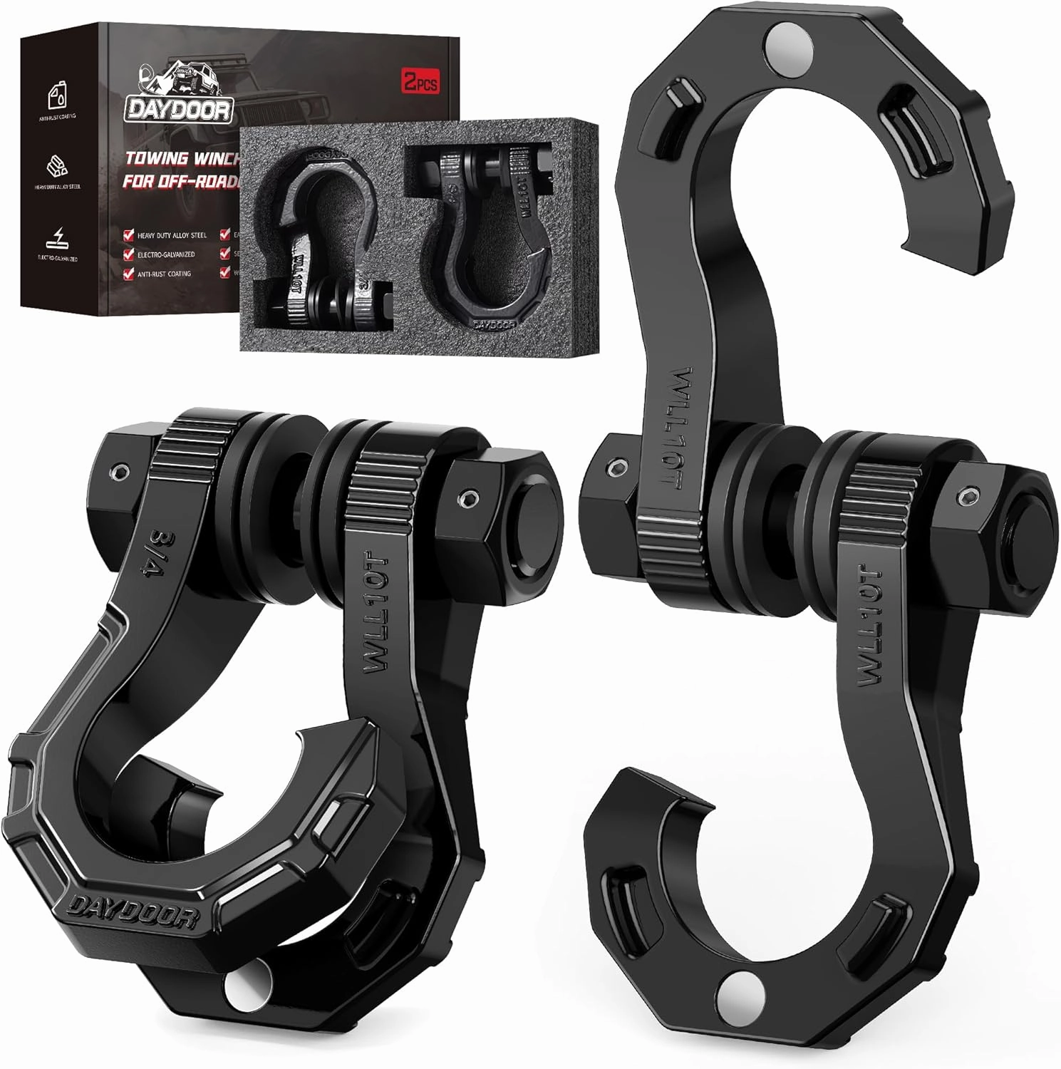 DAYDOOR Split D Ring Shackles, 45,000Lbs Break Strength Towing Winch Shackles, 3/4" Heavy Duty Shackles with 7/8" Screw Pin for Off Road Vehicle Recovery