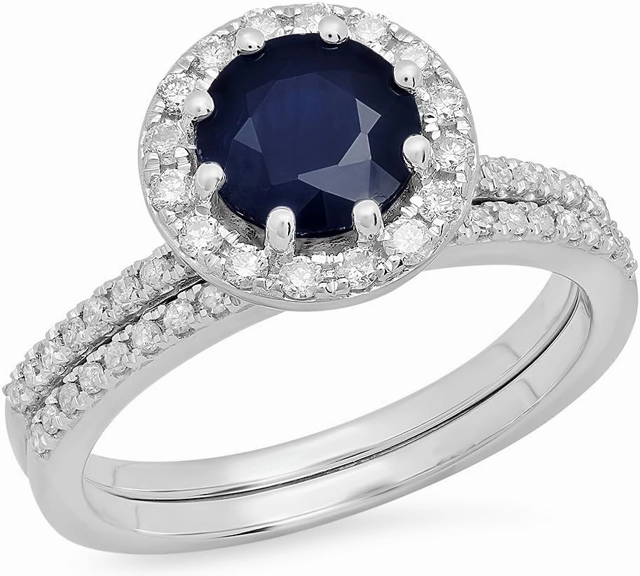 Dazzlingrock Collection 10K Solid Gold Round Cut Blue Sapphire & White Diamond Womens Bridal Engagement with Matching Band Set
