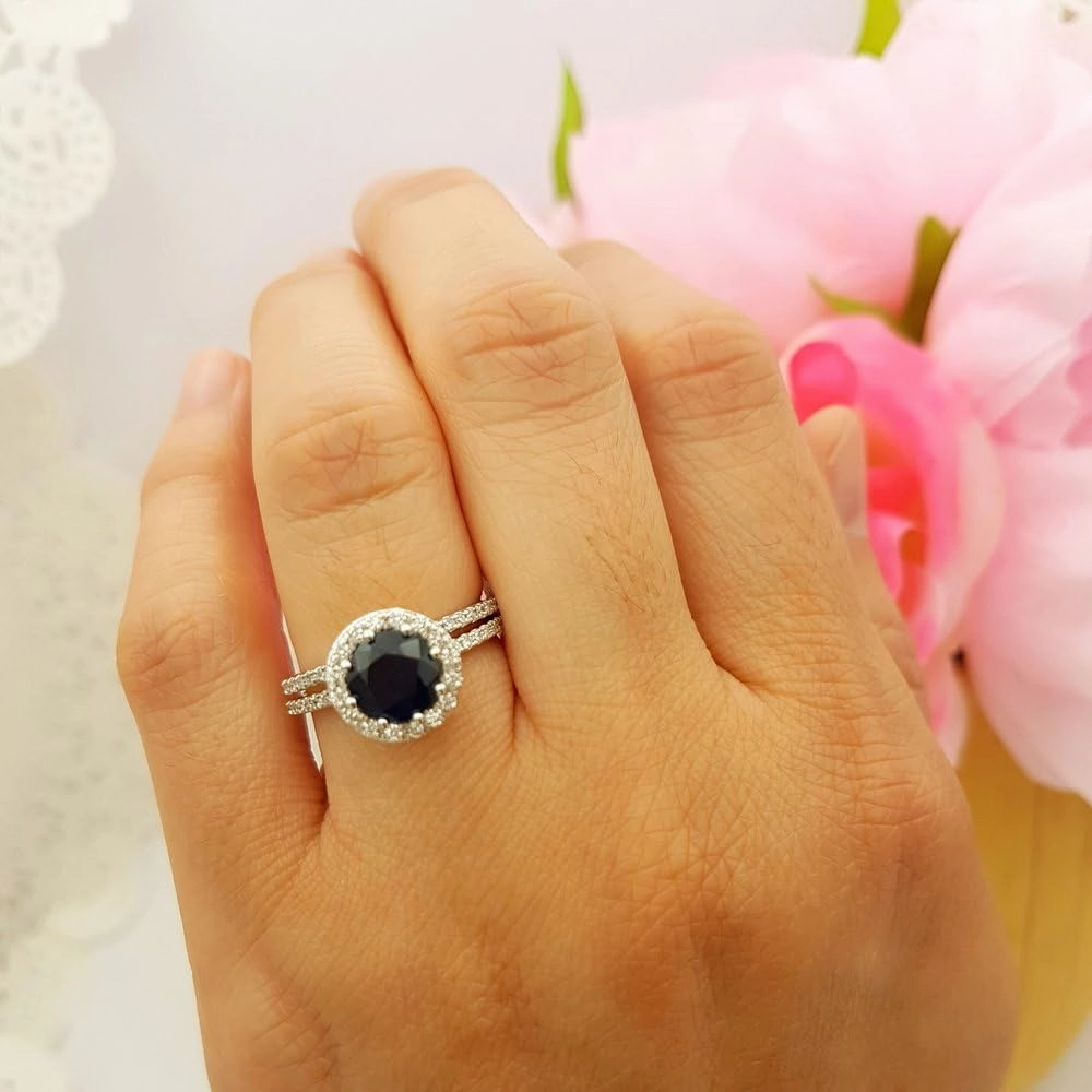 Dazzlingrock Collection 10K Solid Gold Round Cut Blue Sapphire & White Diamond Womens Bridal Engagement with Matching Band Set