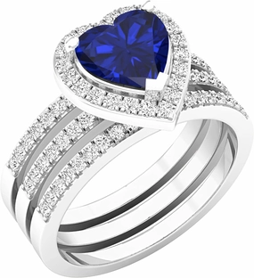 Dazzlingrock Collection 7 MM Heart Lab Created Gemstone & Round Natural Diamond Ladies Engagement Ring Double Band Set, Sterling Silver
