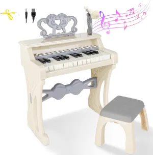 deAO Toddler Piano for Kids 3-6 Years - 25 Key Baby Piano Musical Toy with Stool & Microphone-Educational Toys Birthday Christmas Girls Gifts (White)