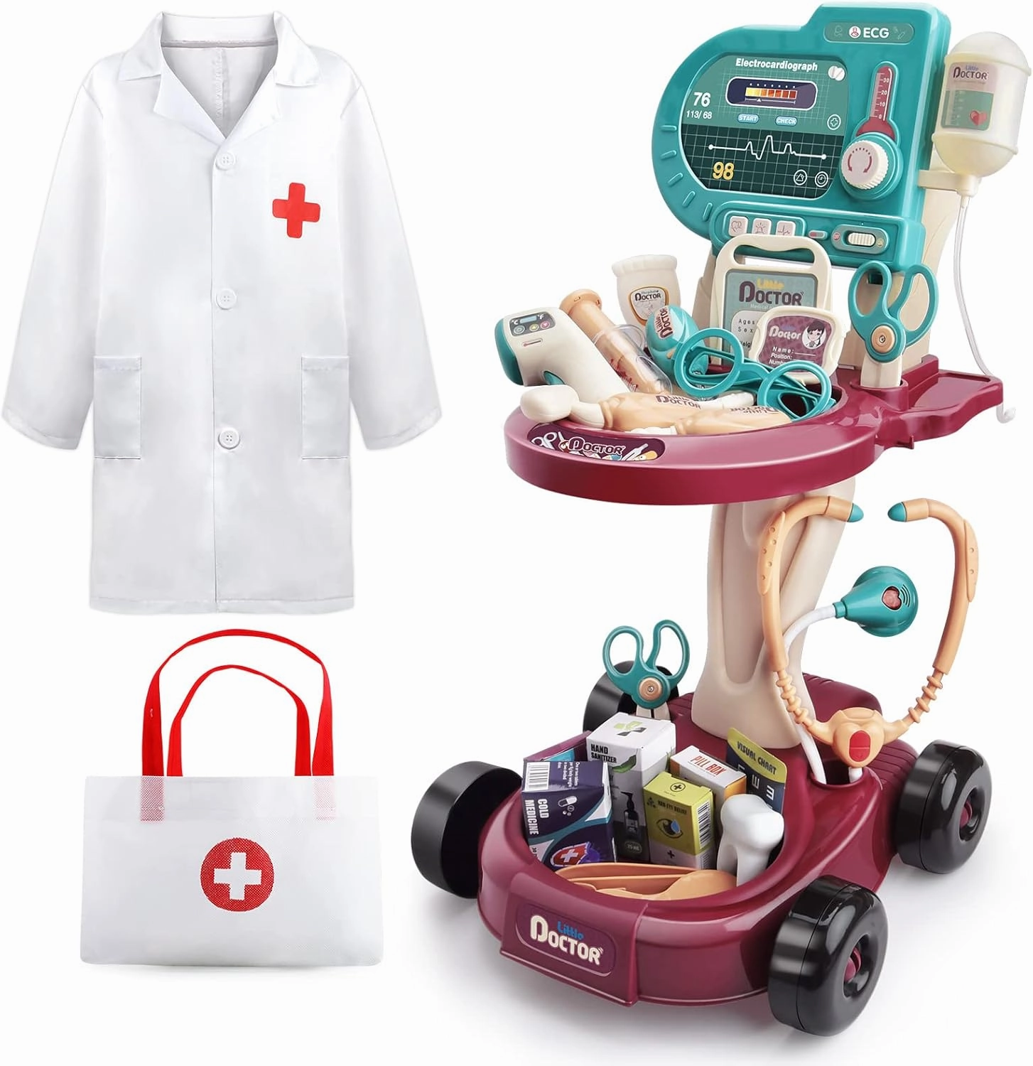 Deejoy Toy Doctor Kit for Kids，Doctor Role Play Costume，Medical Bag，Eye Chart，Thermometer，Stethoscope，Pulse Machine，24 Piece Pretend Medical Station Set for Boys & Girls ，Great Gift for Toddler