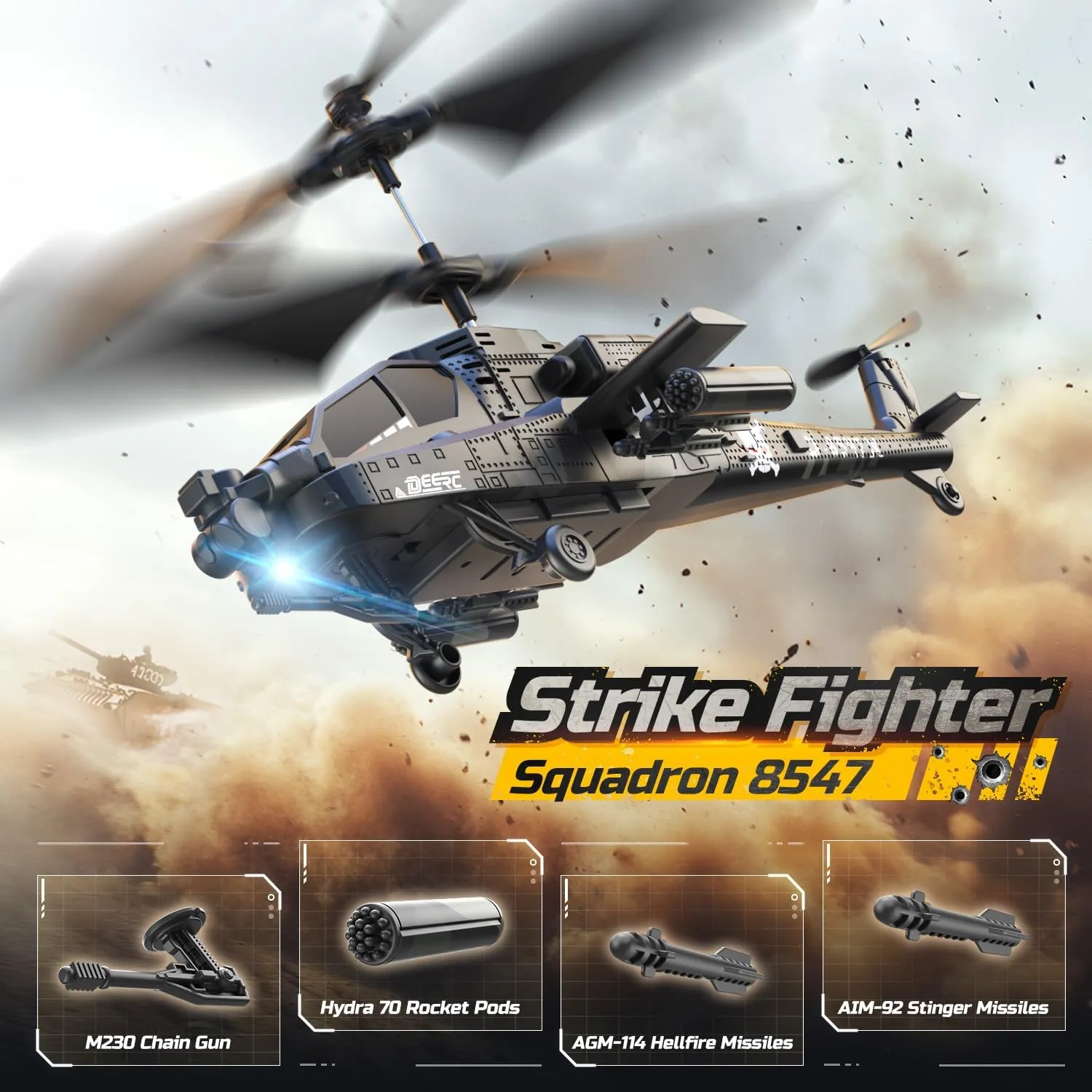 DEERC Apache RC Helicopter for Kids & Adults, Military Remote Control Helicopter Toy with LED Lights, 2 Batteries & USB-C Charging, 26 Mins Flight, Altitude Hold, Gift for Boys Ages 8-12