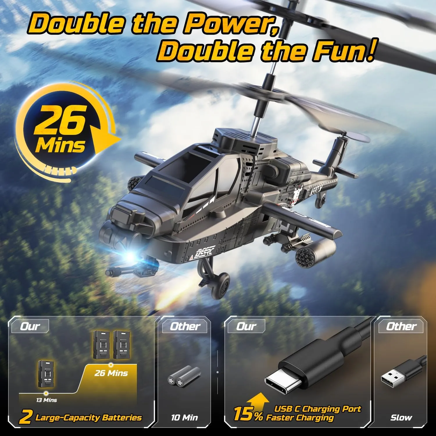DEERC Apache RC Helicopter for Kids & Adults, Military Remote Control Helicopter Toy with LED Lights, 2 Batteries & USB-C Charging, 26 Mins Flight, Altitude Hold, Gift for Boys Ages 8-12