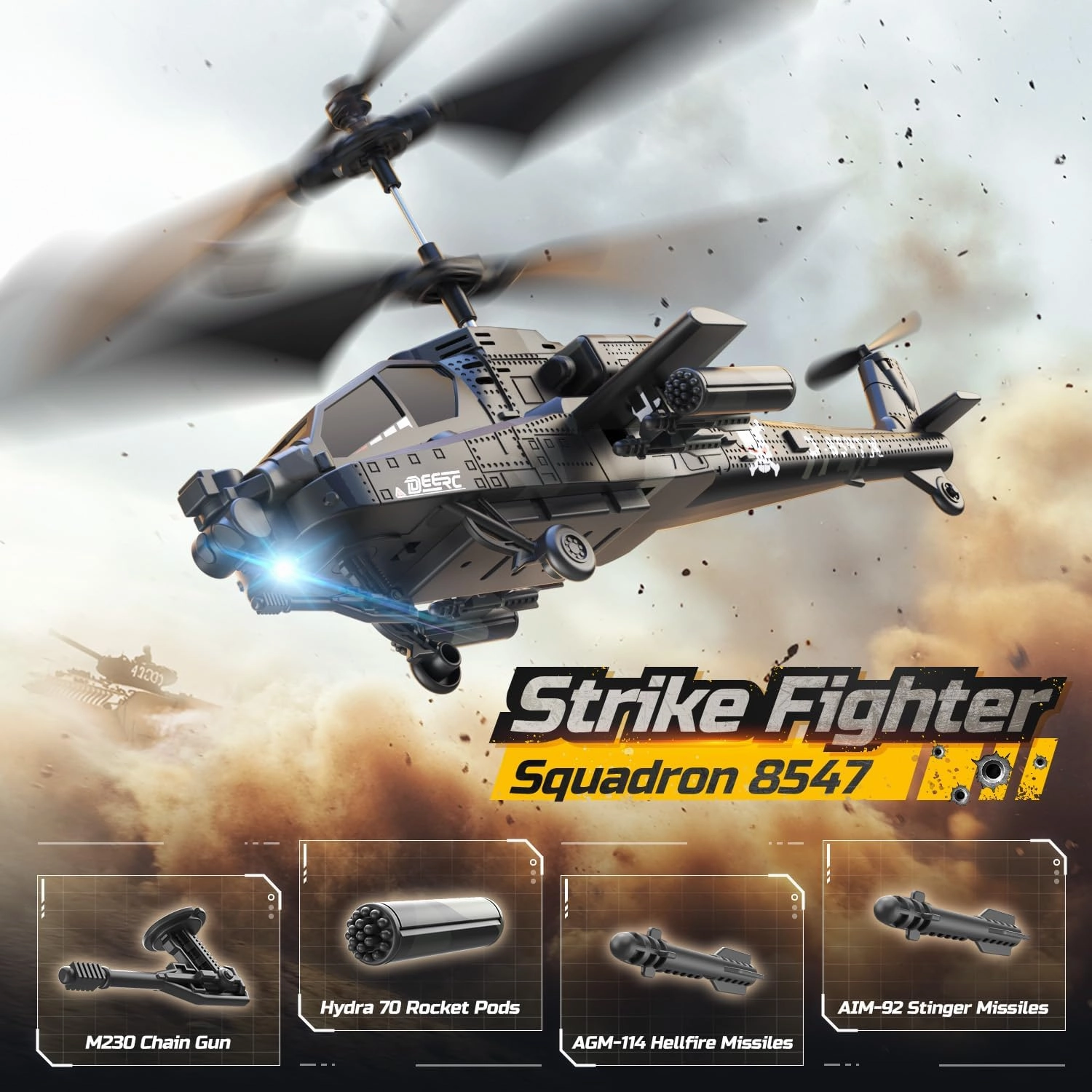 DEERC Apache RC Helicopter for Kids & Adults, Military Remote Control Helicopter Toy with LED Lights, 2 Batteries & USB-C Charging, 26 Mins Flight, Altitude Hold, Gift for Boys Ages 8-12