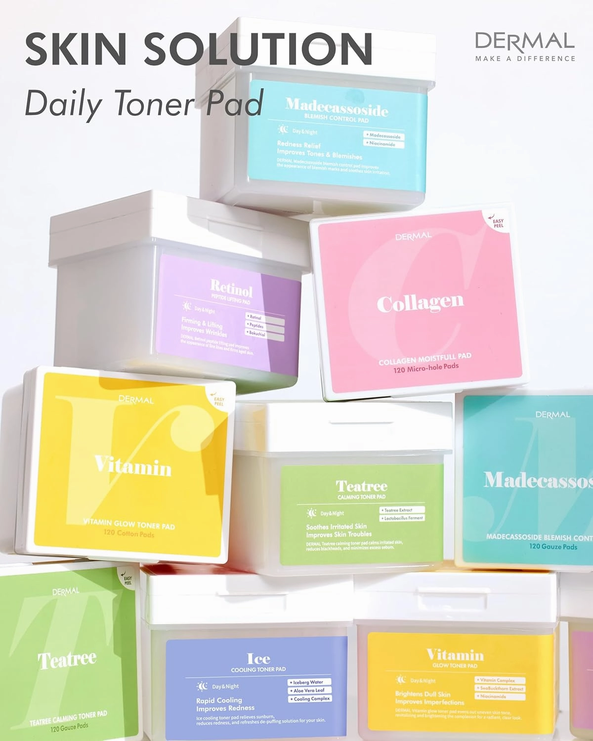 DERMAL Vitamin Toner Pad - Korean Toner Pad for Antioxidant & Skin Glow Radiance Improvement with Vitamin C - Vegan Pure Cotton Square Pads - High Capacity, 120 Sheets