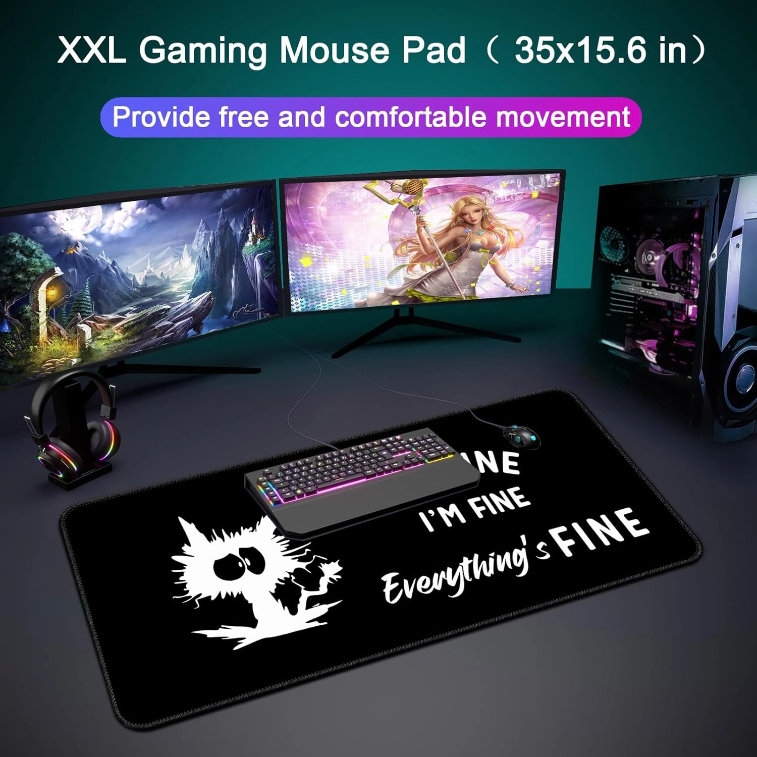 Desk Mat,Large Mouse Pad 35''×15.6'' XXL Extended Gaming Mouse Pad Mat with Non-Slip Base Stitched Eges Mousepad for Computer,Office,Keyboard and Laptop - Black Cat