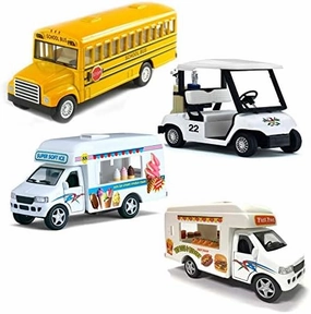 Diecast Toy Trucks Set of 4 | Ice Cream Truck, Food Truck, School Bus, Golf Cart | Pullback Truck Toys for Boys and Girls and Detailed Interior