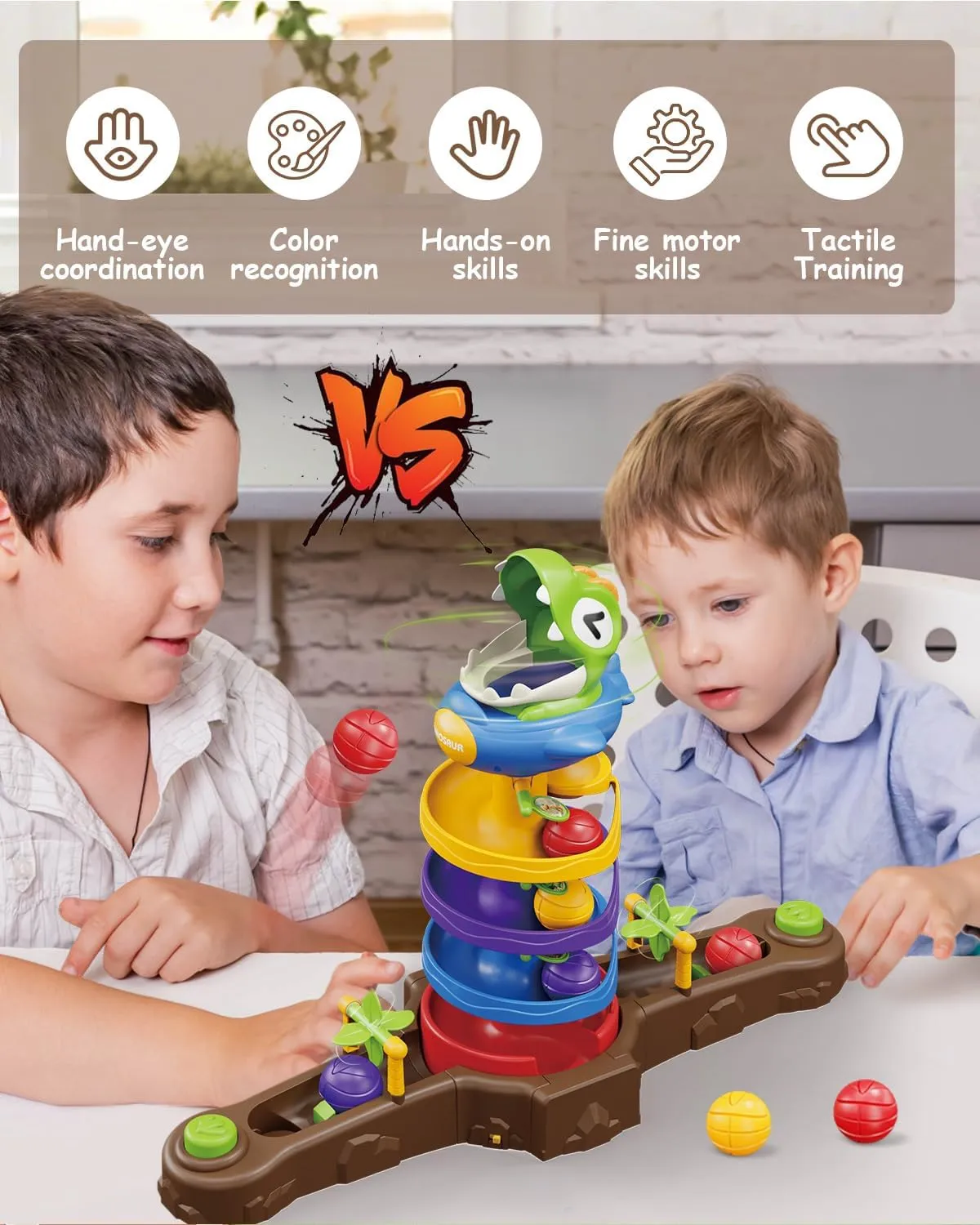 Dinosaur ＆ Ball Drop Toys for 3 4 5 6 7 8 9 Years Old Kids, Dino Spin Twister Toddlers Toy, Shoot Balls Toddler Montessori Toys Gifts for 3-6 Year Old Boys Girls, 4 Players PK Mode