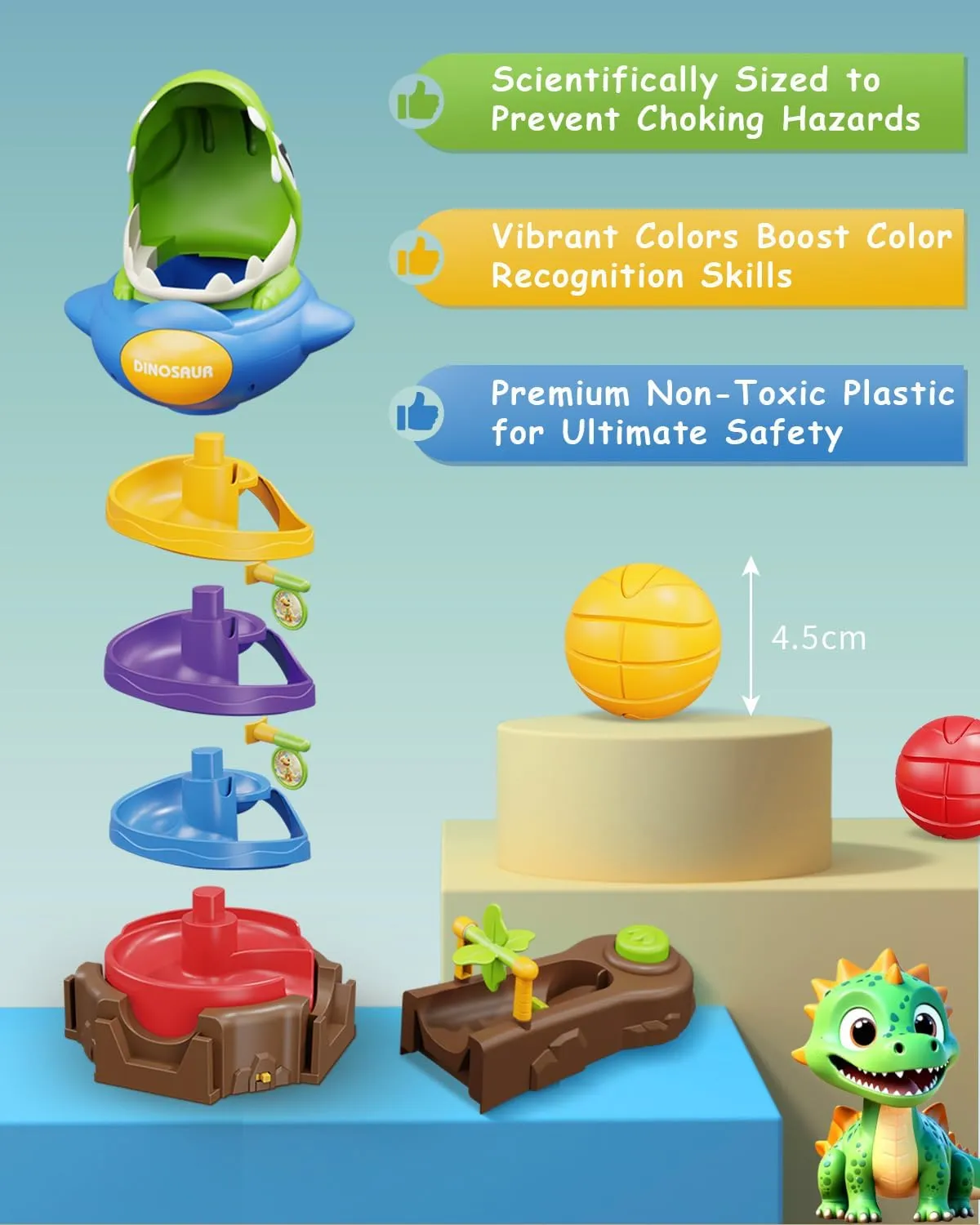 Dinosaur ＆ Ball Drop Toys for 3 4 5 6 7 8 9 Years Old Kids, Dino Spin Twister Toddlers Toy, Shoot Balls Toddler Montessori Toys Gifts for 3-6 Year Old Boys Girls, 4 Players PK Mode