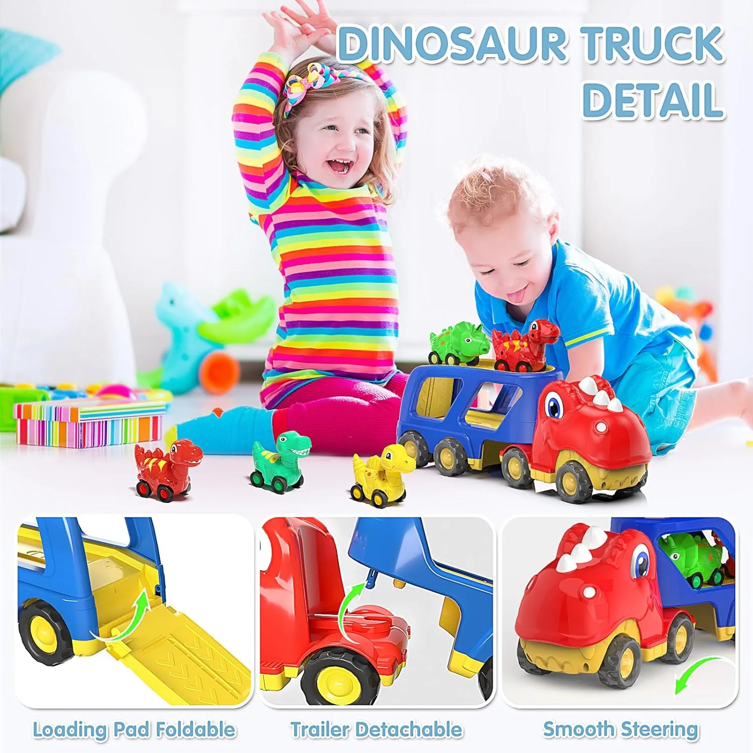 Dinosaur Toys for Kids 2-4 Boys,Dinosaur Car Carrier Truck Toy with 4 Pull Back Dino Car，Dinosaur Truck for 2 3 4 5 Year Old Boy Toys,2 3 4 5 Year Old Boy Birthday Gift with Dino Sound.