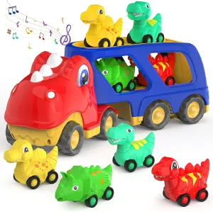 Dinosaur Toys for Kids 2-4 Boys,Dinosaur Car Carrier Truck Toy with 4 Pull Back Dino Car，Dinosaur Truck for 2 3 4 5 Year Old Boy Toys,2 3 4 5 Year Old Boy Birthday Gift with Dino Sound.