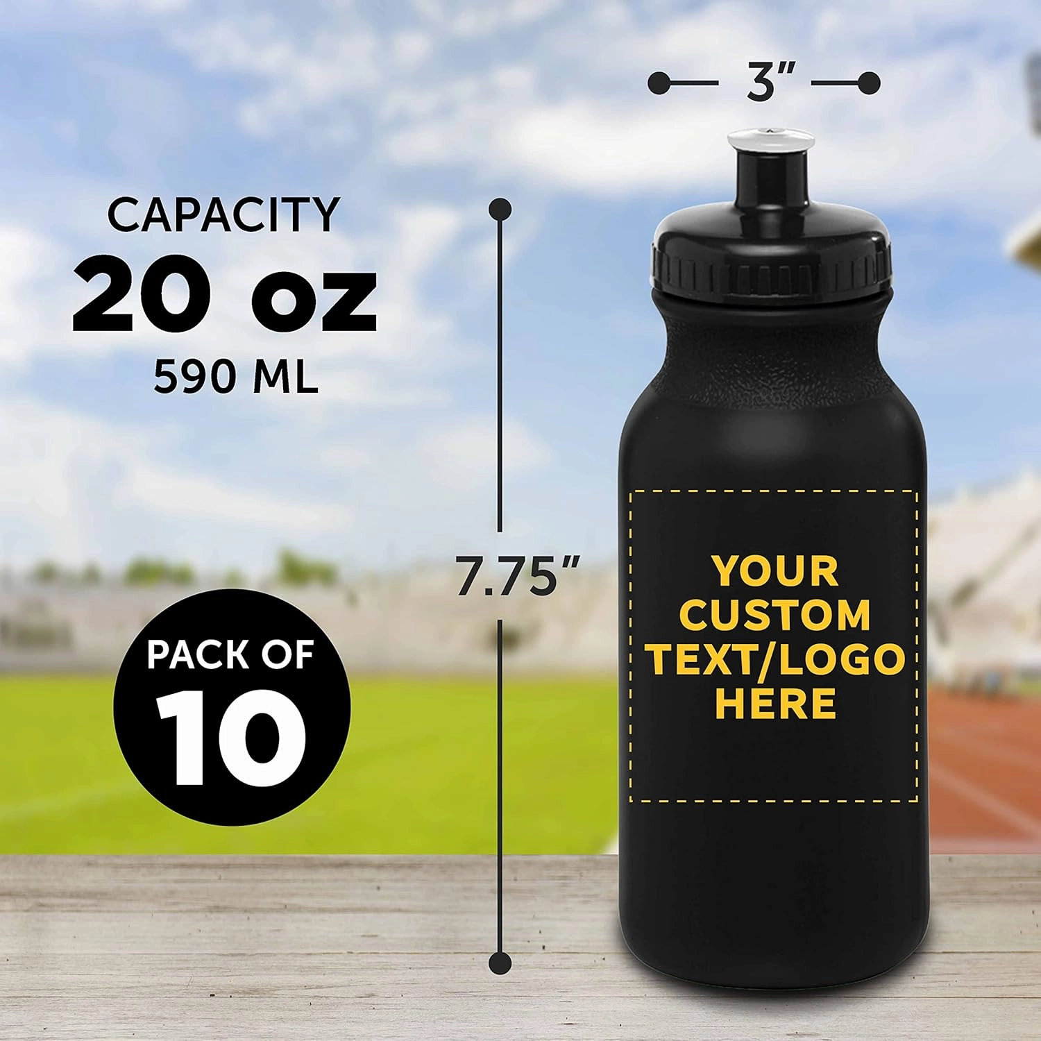 DISCOUNT PROMOS Custom 20 oz. Water Bottles with Push Cap – Set of 10 – Personalized Bulk Gift for Dad – Father’s Day Sports Bottles for Gym, Camping – Black