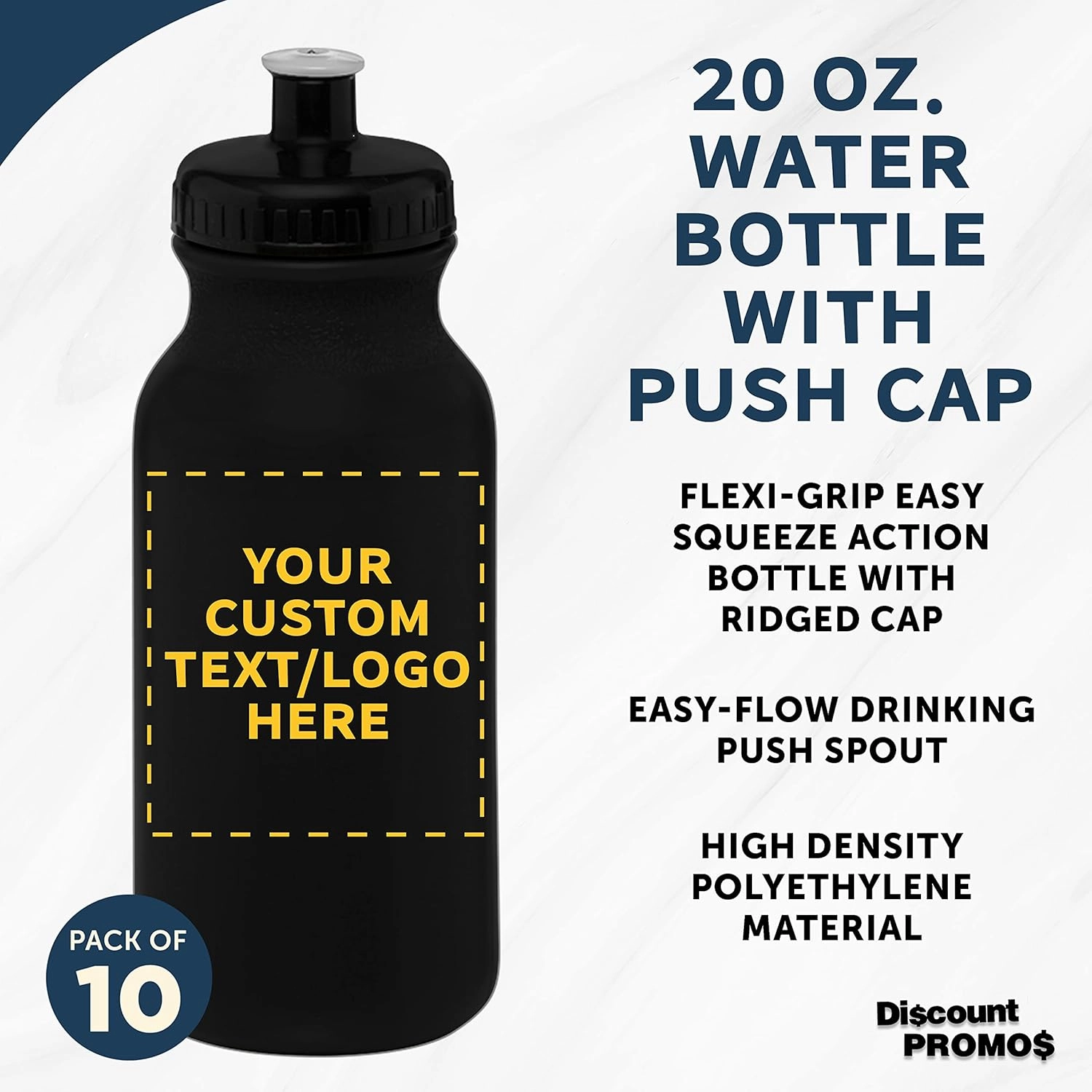 DISCOUNT PROMOS Custom 20 oz. Water Bottles with Push Cap – Set of 10 – Personalized Bulk Gift for Dad – Father’s Day Sports Bottles for Gym, Camping – Black