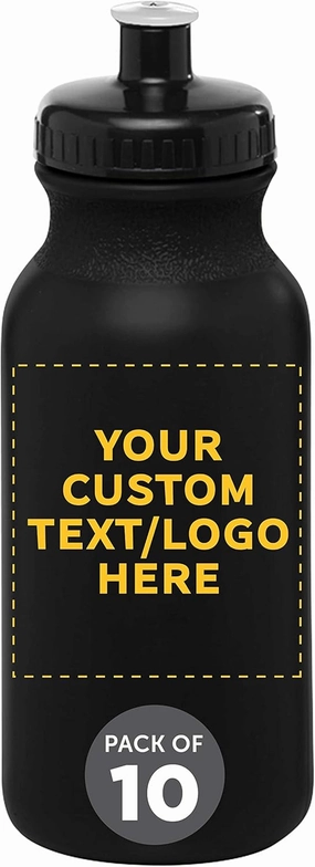 DISCOUNT PROMOS Custom 20 oz. Water Bottles with Push Cap – Set of 10 – Personalized Bulk Gift for Dad – Father’s Day Sports Bottles for Gym, Camping – Black