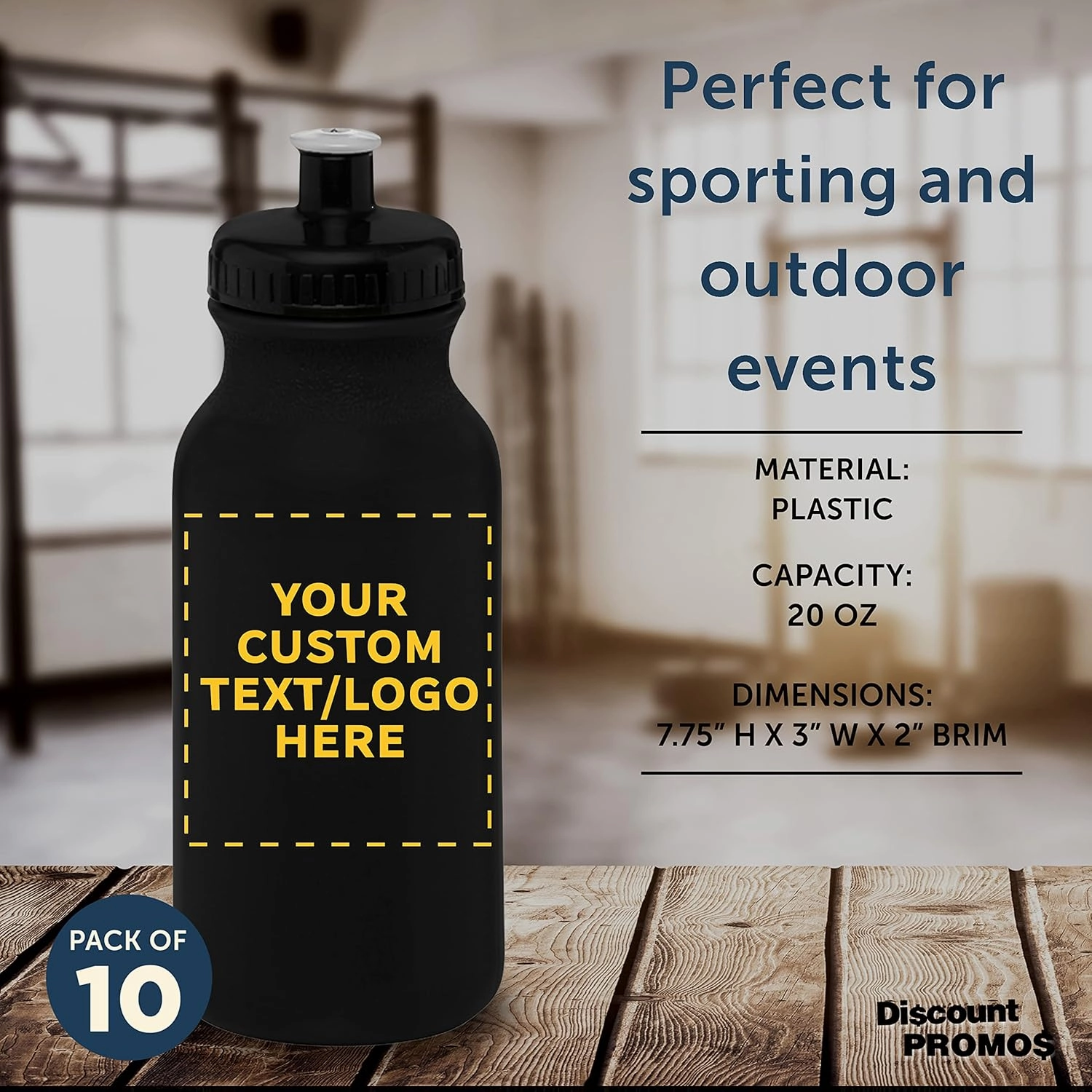 DISCOUNT PROMOS Custom 20 oz. Water Bottles with Push Cap – Set of 10 – Personalized Bulk Gift for Dad – Father’s Day Sports Bottles for Gym, Camping – Black