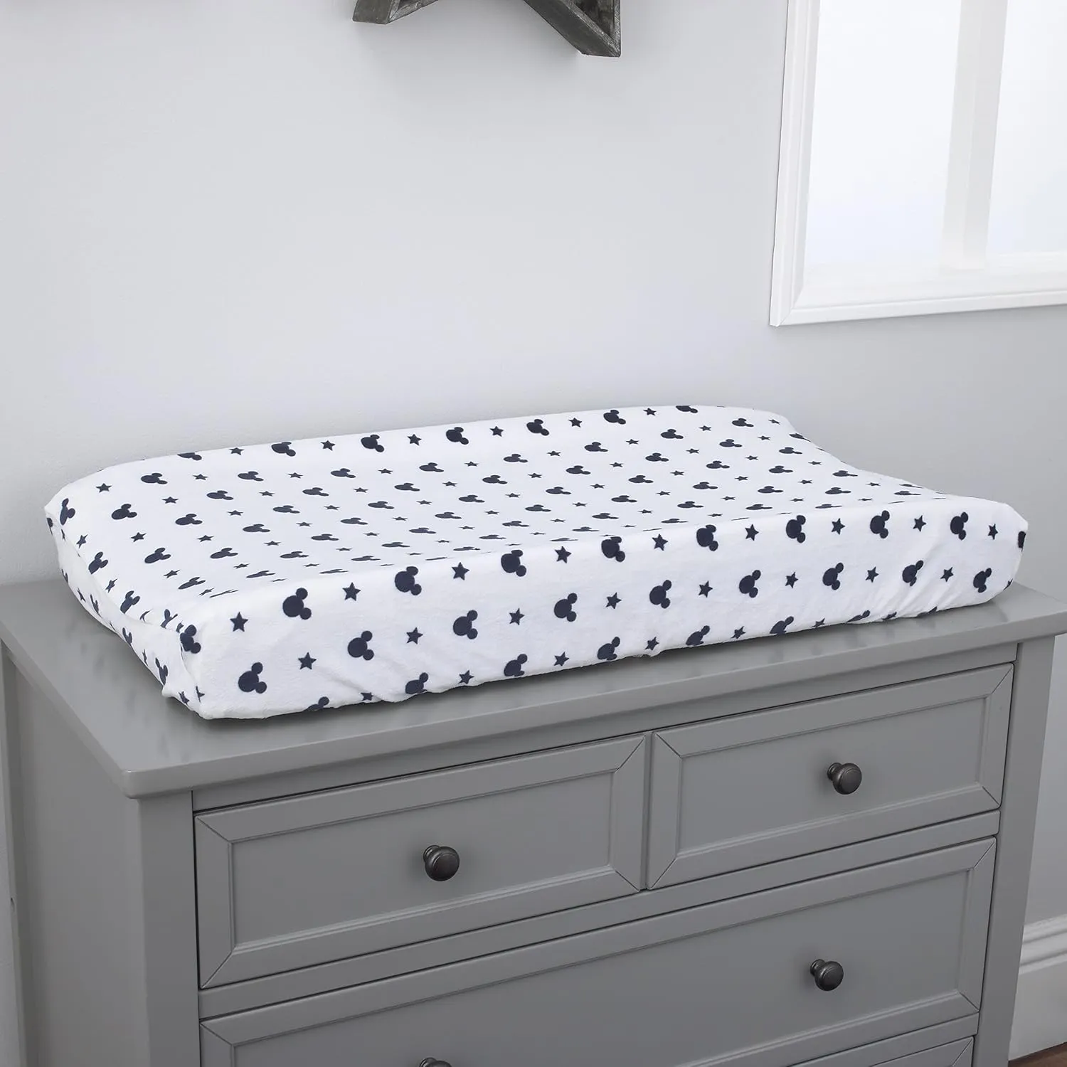 Disney Mickey Mouse Hello World Star/Icon Super Soft Changing Pad Cover, Navy, White