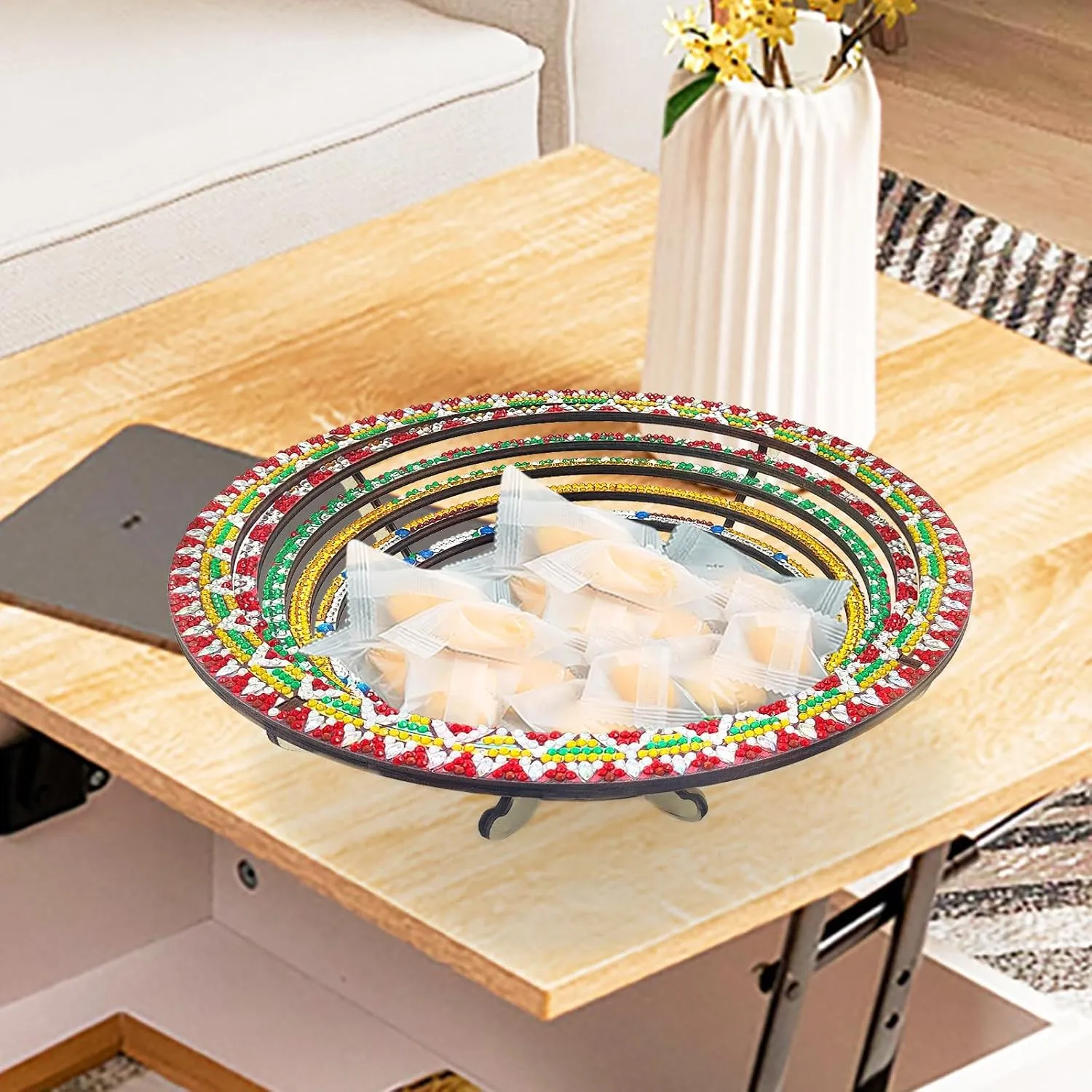 DIY Diamond Wooden Snack Storage Tray Diamond Art Painting Mandala Candy Plate Retractable with Stand Round Handmade Serving Platter for Vegetables Bread Snack Kitchen Home-Mandala01