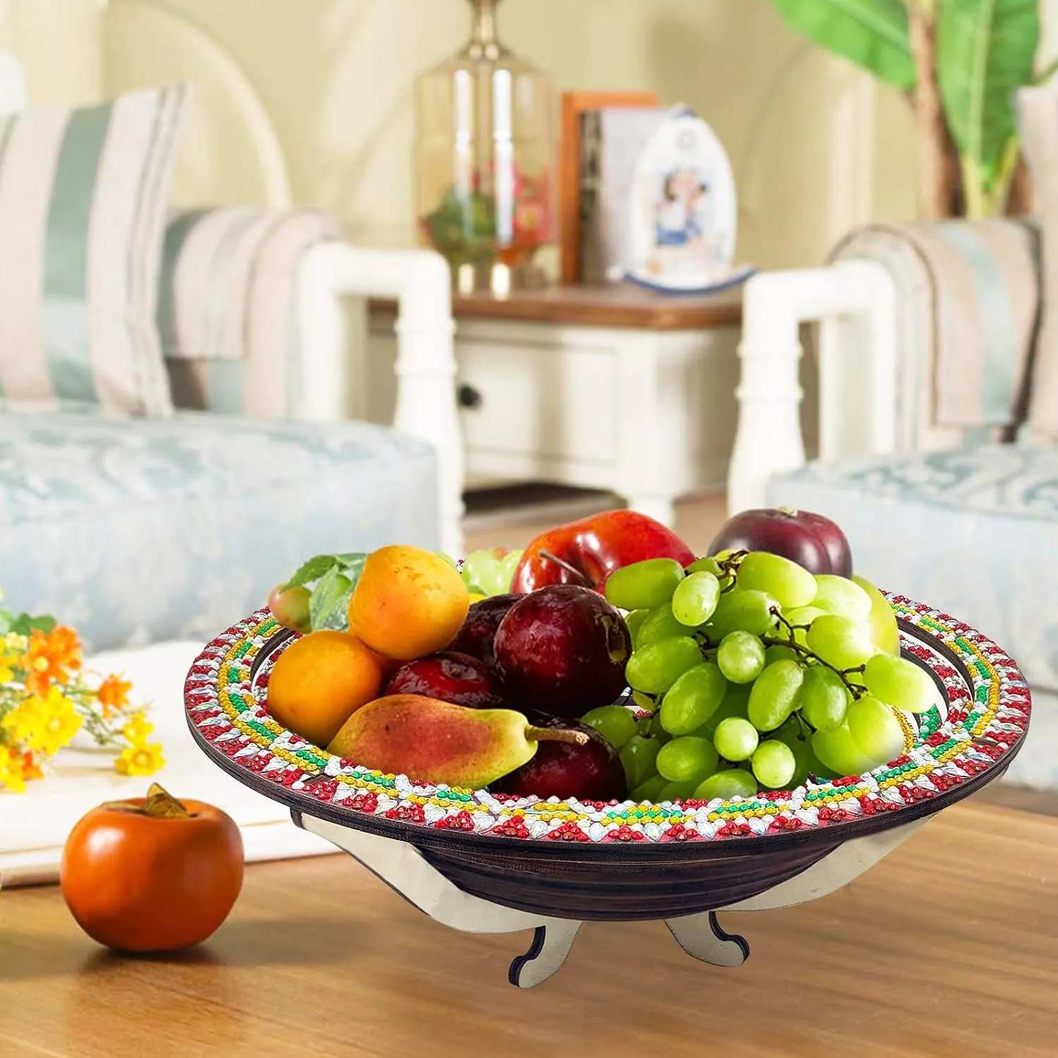 DIY Diamond Wooden Snack Storage Tray Diamond Art Painting Mandala Candy Plate Retractable with Stand Round Handmade Serving Platter for Vegetables Bread Snack Kitchen Home-Mandala01
