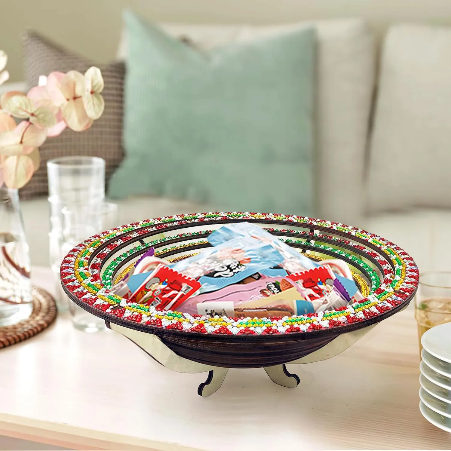 DIY Diamond Wooden Snack Storage Tray Diamond Art Painting Mandala Candy Plate Retractable with Stand Round Handmade Serving Platter for Vegetables Bread Snack Kitchen Home-Mandala01