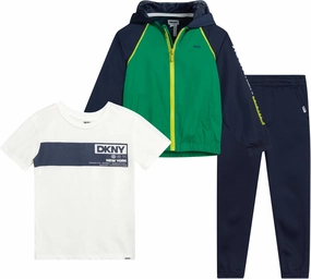 DKNY Baby Boy's Active Sweatsuit Set - T-Shirt, Zip Up Windbreaker Jacket with Hood, and Jogger Playwear Set (Sizes: 12M-7)