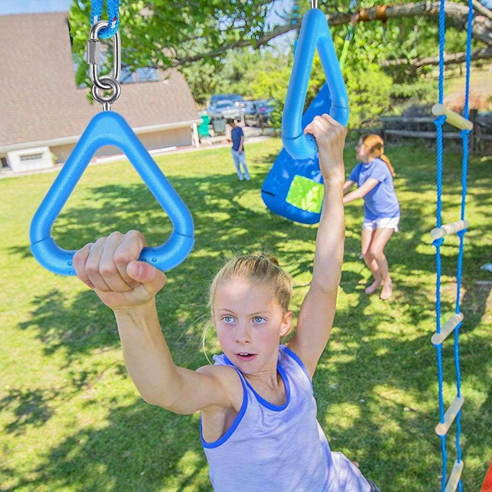 Dolibest 4Pcs Trapeze Swing Bar Rings with Carabiners, Swingset Accessories Outdoor for Ninja Swing Set Accessories Monkey Ring, Obstacle Ring Swing Toys Set for Kids (Blue)