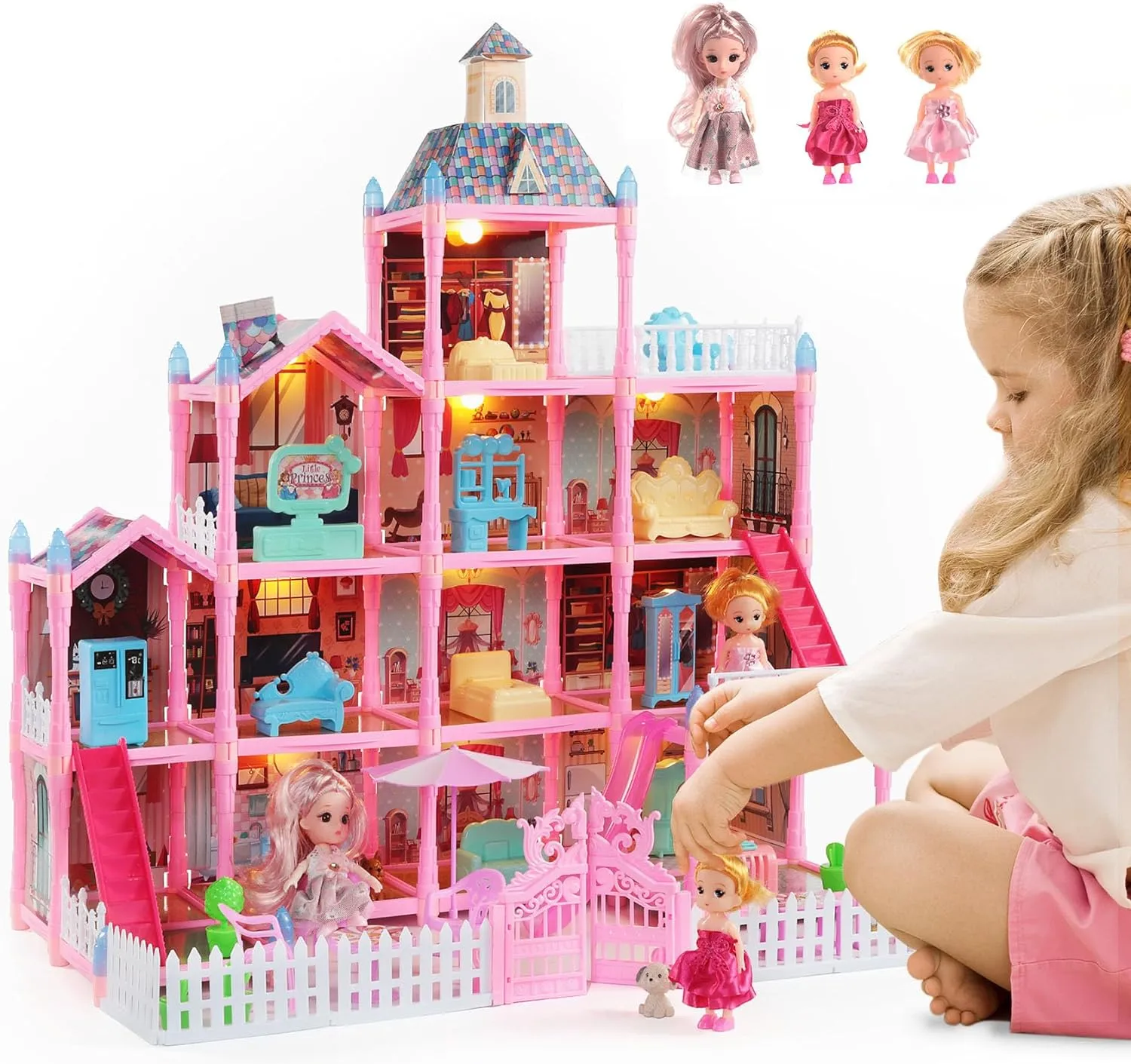 Doll House for Girls with Lights, 3 Dolls, 4 Floors -13 Rooms, 7 Sets of Furniture and Accessories, Design and Build Gift for 3 4 5 6 7 8  Year Old Girls