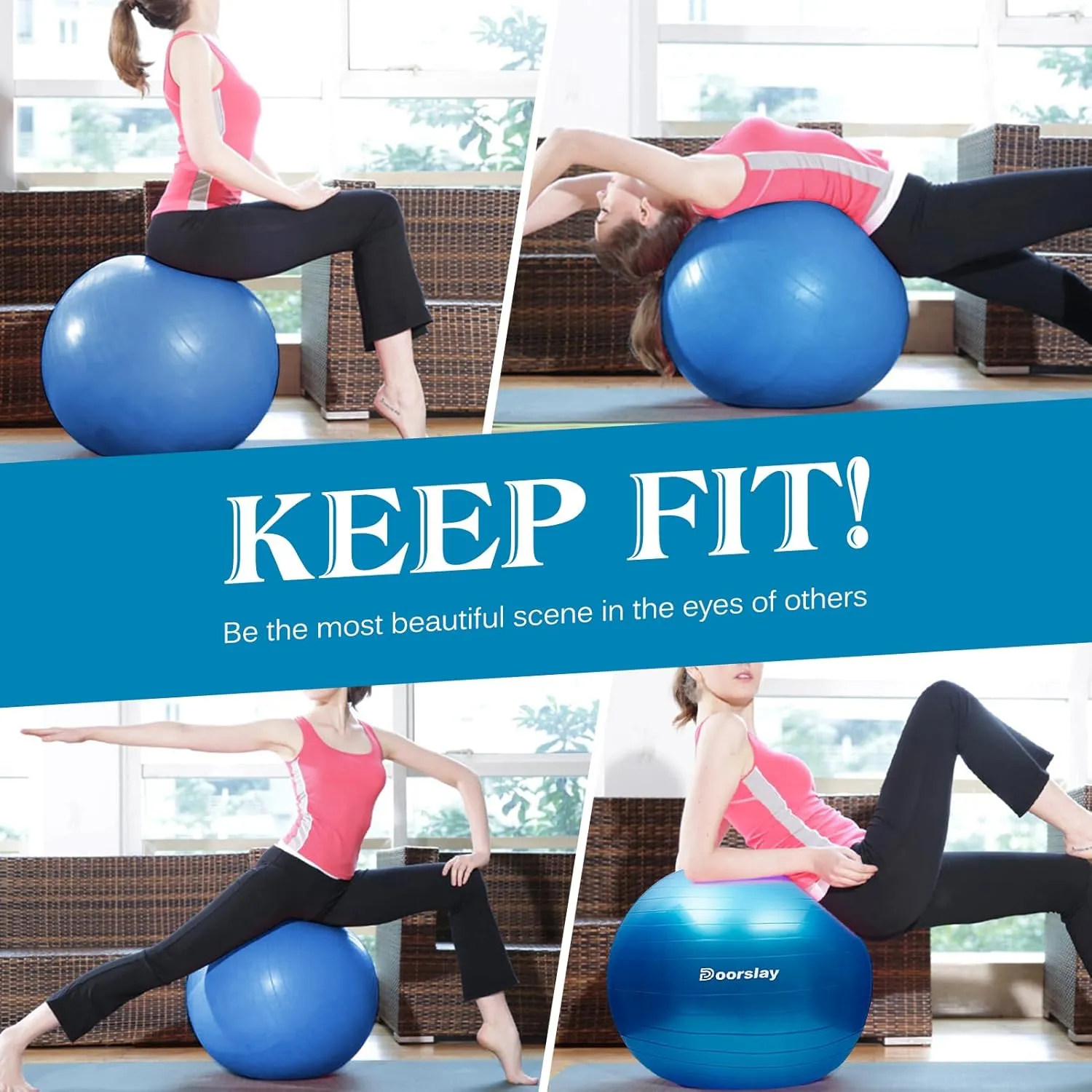 doorslay Anti-Burst Stability Exercise Yoga Ball, 2mm Extra Thick Anti-Slip Pilates Ball, Swiss Ball for Pregnancy Birthing, Workout, Fitness, Balance, Gym, Abs and Physical Therapy with Air Pump