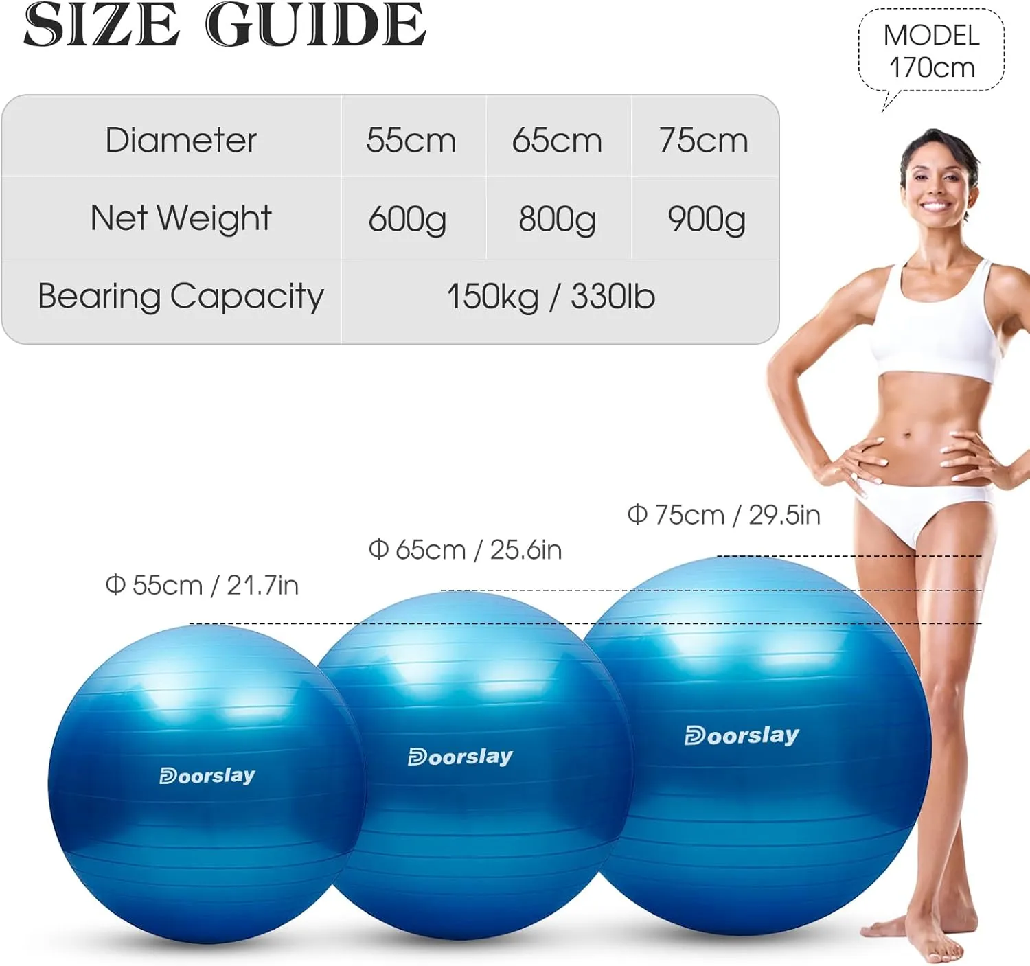 doorslay Anti-Burst Stability Exercise Yoga Ball, 2mm Extra Thick Anti-Slip Pilates Ball, Swiss Ball for Pregnancy Birthing, Workout, Fitness, Balance, Gym, Abs and Physical Therapy with Air Pump