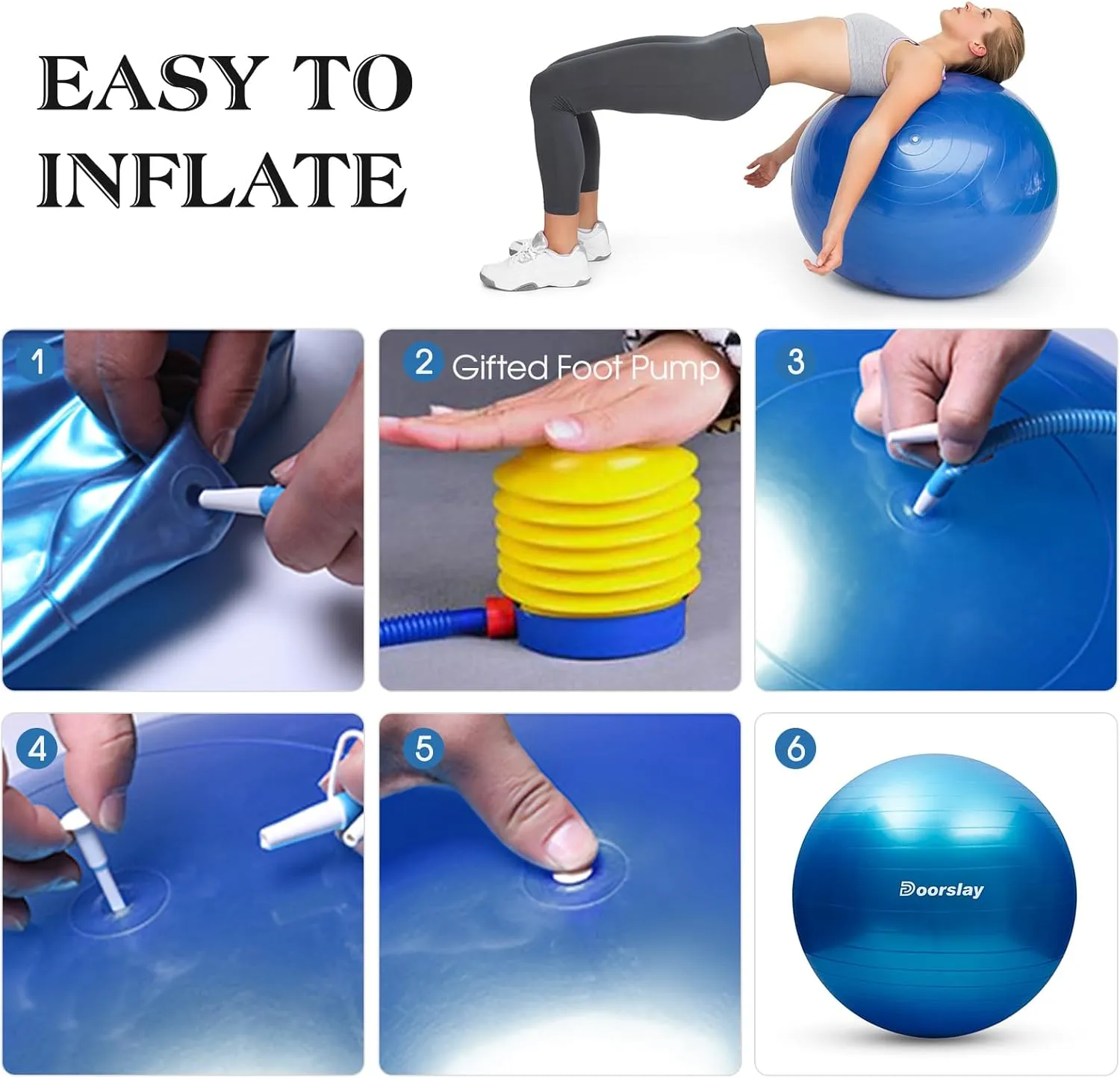 doorslay Anti-Burst Stability Exercise Yoga Ball, 2mm Extra Thick Anti-Slip Pilates Ball, Swiss Ball for Pregnancy Birthing, Workout, Fitness, Balance, Gym, Abs and Physical Therapy with Air Pump