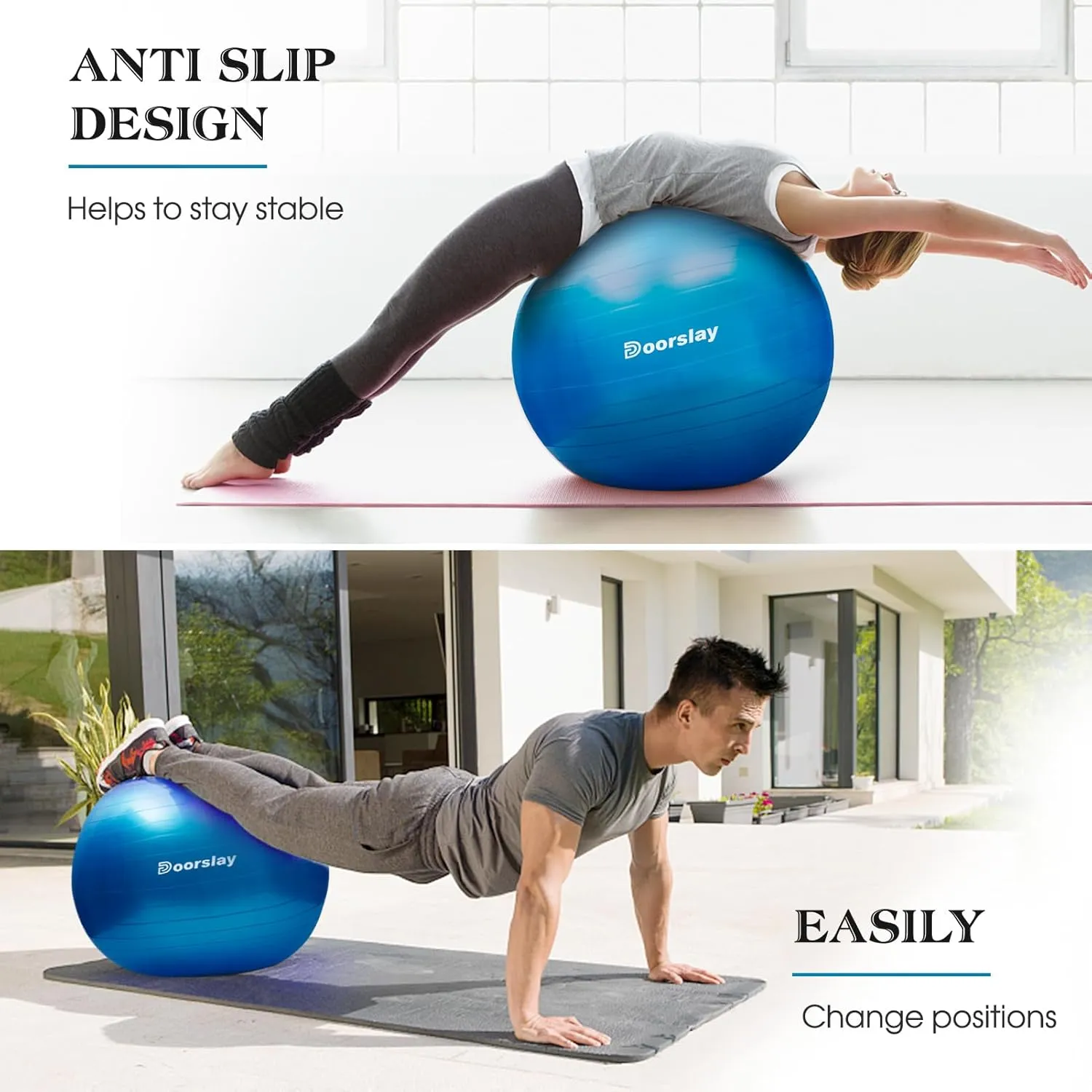 doorslay Anti-Burst Stability Exercise Yoga Ball, 2mm Extra Thick Anti-Slip Pilates Ball, Swiss Ball for Pregnancy Birthing, Workout, Fitness, Balance, Gym, Abs and Physical Therapy with Air Pump