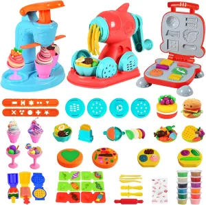 Dough Sets for Kids Age 4-8, Ice Cream Noodle Hamburger Maker Color Dough Kitchen Creations Set Kit, DIY Pretend Play Toys, Kids Arts & Crafts Gifts for Girls Boys Toddlers (12 Clays)