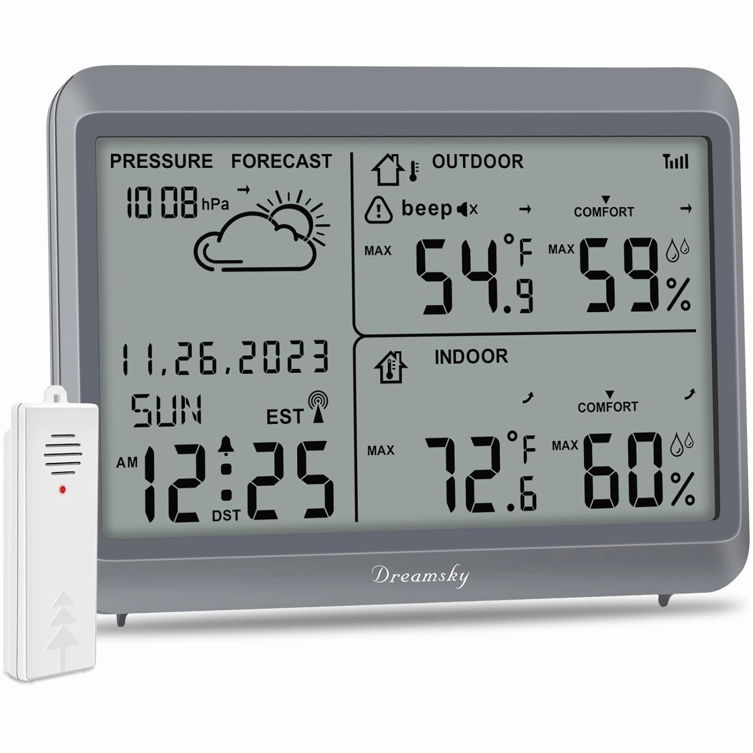 DreamSky Weather Station Indoor Outdoor Thermometer Wireless - Atomic Clock with Indoor/Outdoor Temp, Date & Day, Battery Powered, Home Weather Forecast Clock with Inside Outside Temperature Humidity