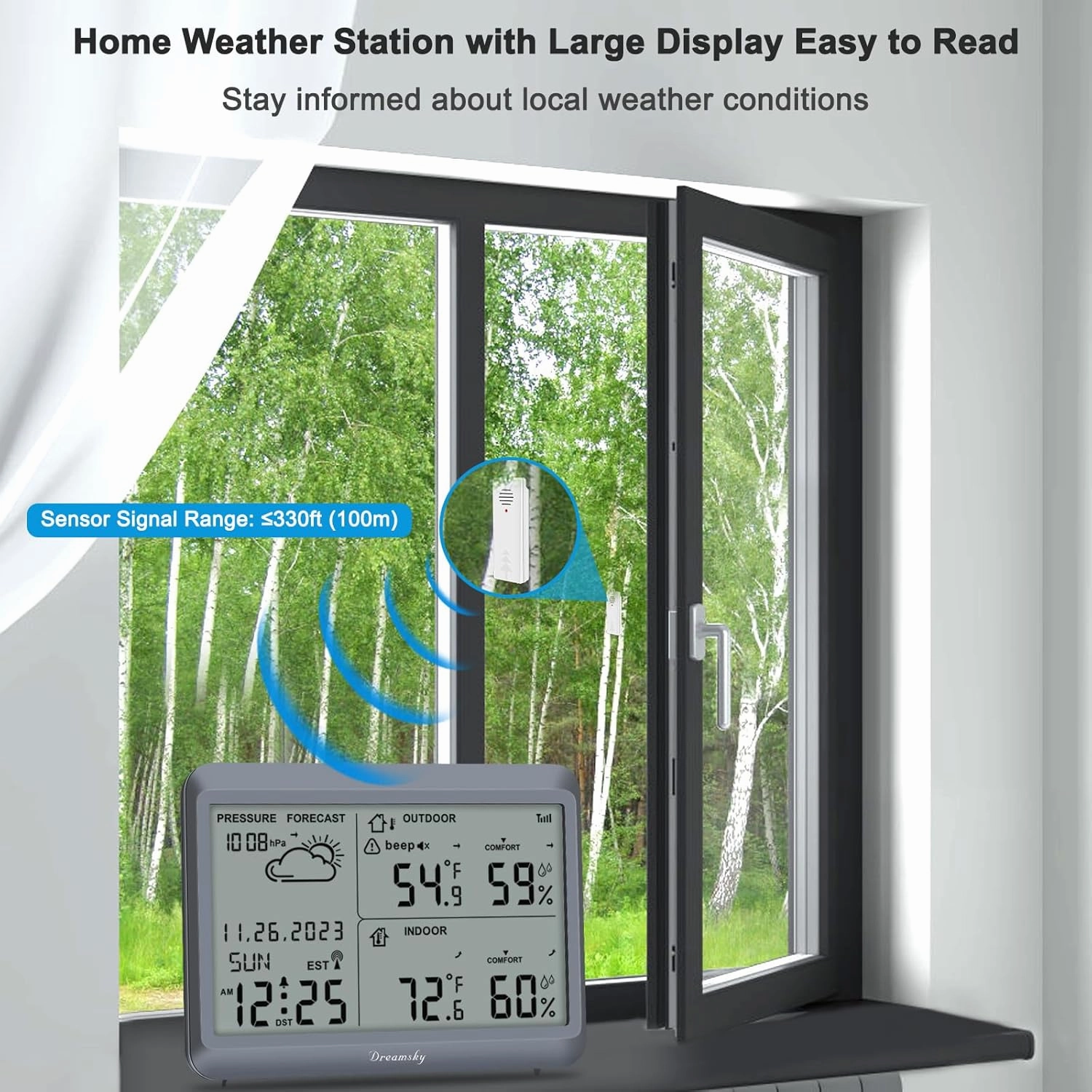 DreamSky Weather Station Indoor Outdoor Thermometer Wireless - Atomic Clock with Indoor/Outdoor Temp, Date & Day, Battery Powered, Home Weather Forecast Clock with Inside Outside Temperature Humidity