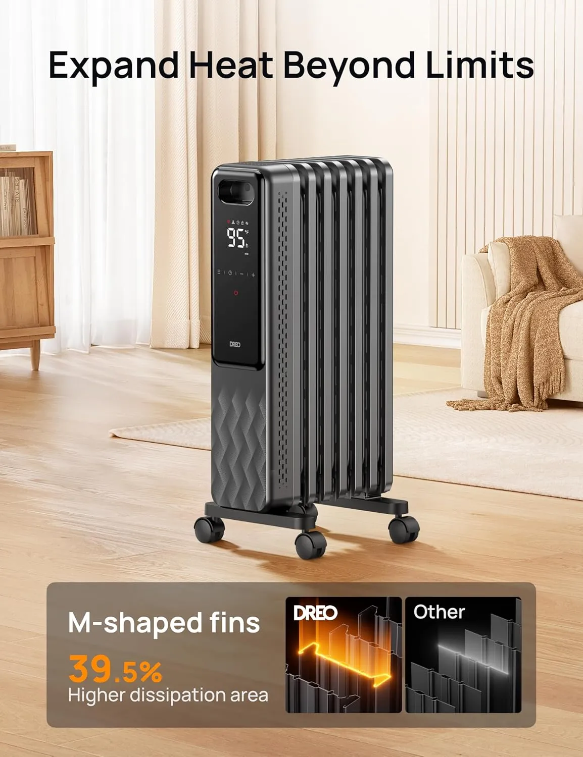 Dreo Oil Filled Radiator, Electric Radiant Heaters for indoor use Large Room with Remote Control, Child Lock, 4 Modes, Overheat & Tip-Over Protection, 24h Timer, Digital Thermostat, Quiet, 1500W