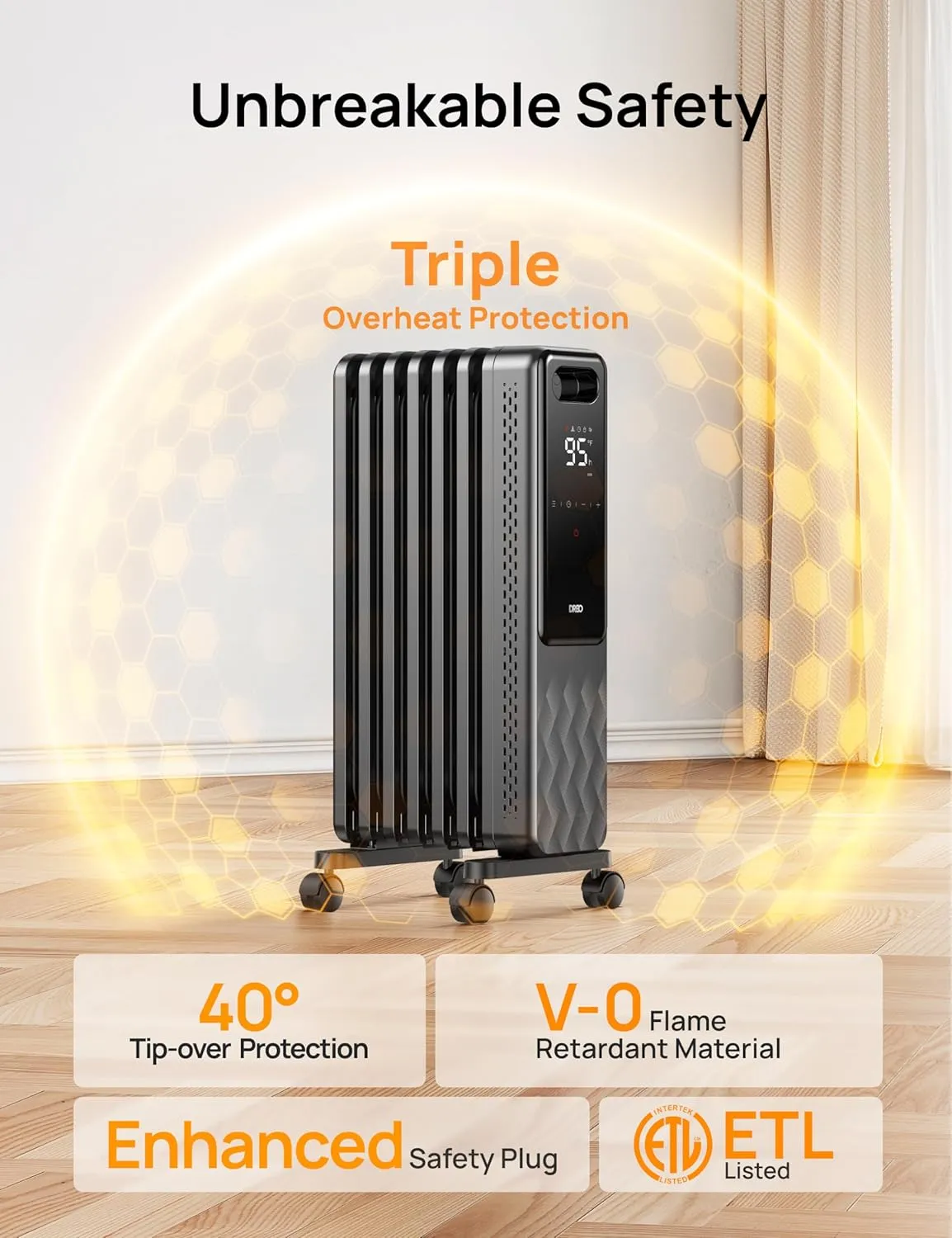 Dreo Oil Filled Radiator, Electric Radiant Heaters for indoor use Large Room with Remote Control, Child Lock, 4 Modes, Overheat & Tip-Over Protection, 24h Timer, Digital Thermostat, Quiet, 1500W