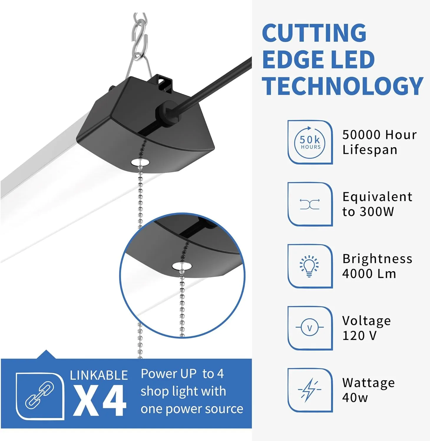 DYMOND 4FT 40W Wraparound LED Shop Light Fixture with Pull Chain Daylight White 5000K for Garage Workshop Basement