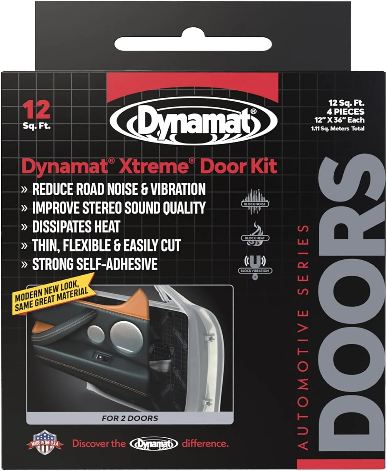 Dynamat Xtreme Sound Deadening Car Insulation Door Kit 10435 – Pre Cut Noise Dampening Kit for 2 Standard Car Doors – Easy Self Adhesive Install – Made in USA – 4 Sheets 12”x36” Each, 12 sq ft total