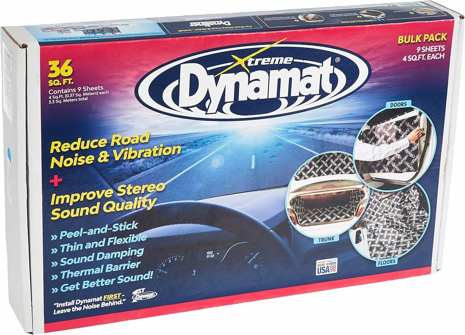 Dynamat Xtreme Sound Deadening Car Insulation Bulk Pack 10455 – Noise Dampening for Floor, Doors, Panels, Hood or Trunk – Easy Self Adhesive Install – Made in USA – 9 Sheets 18”x32”, 36 sq ft total