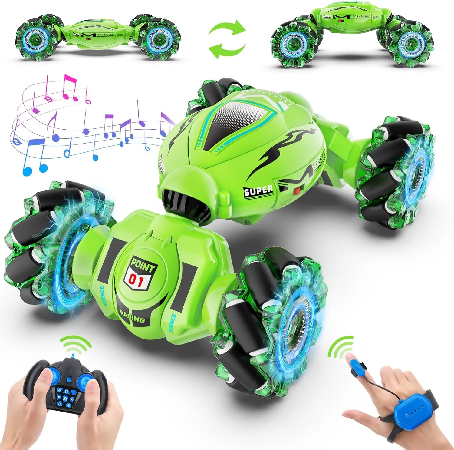 Dysaim Gesture RC Car, Gesture Sensing RC Stunt Car Toys for Kids 6-12 yr, 2.4GHz 4WD Hand Remote Control with Lights Music, Off-Road 360° Rotation Drift for Birthday Toy Gifts