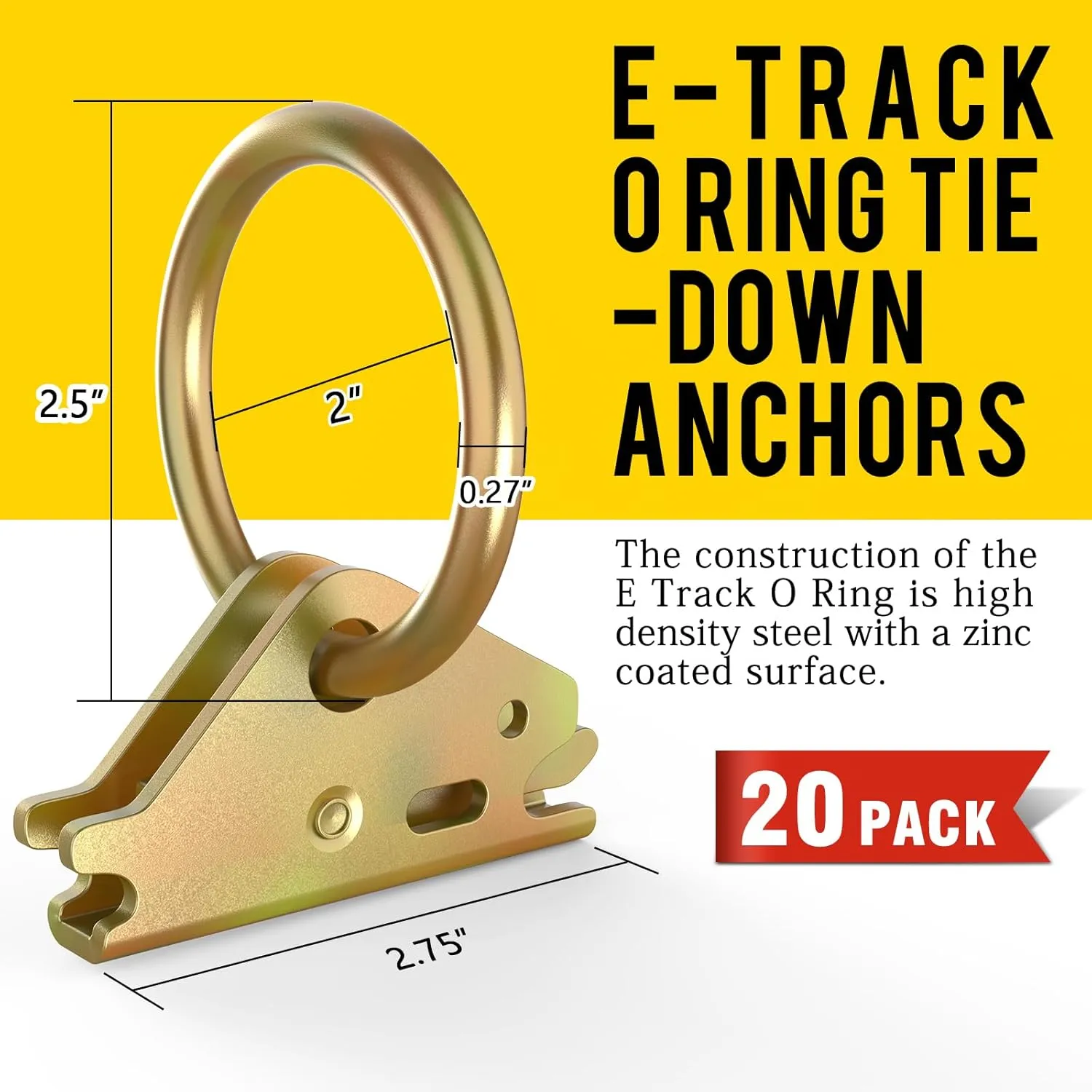 Eapele 20pcs Steel E-Track O Ring Tie-Down Anchors, Secure Cargo in Enclosed/Flatbed Trailers, Trucks, Load Limit of 1500lb